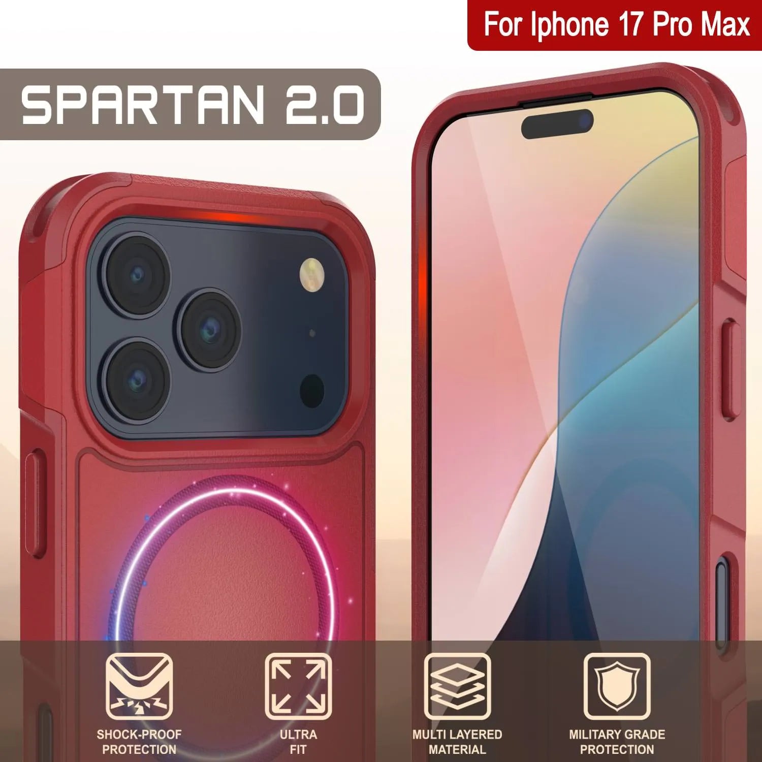 PunkCase iPhone 17 Pro Max Case, [Spartan 2.0 Series] Clear Rugged Heavy Duty Cover W/Built in Screen Protector [red]