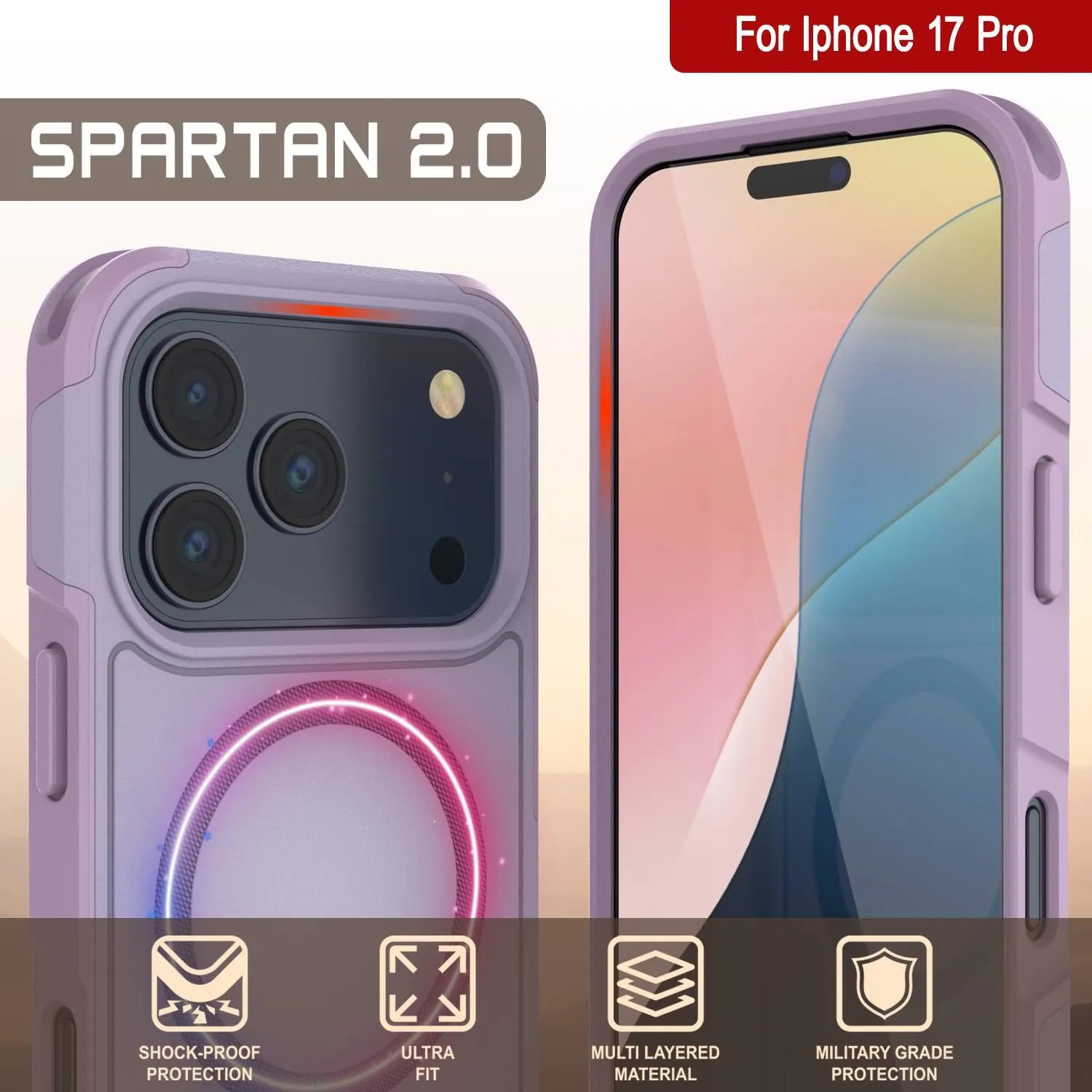 PunkCase iPhone 17 Pro Case, [Spartan 2.0 Series] Clear Rugged Heavy Duty Cover W/Built in Screen Protector [lilac]