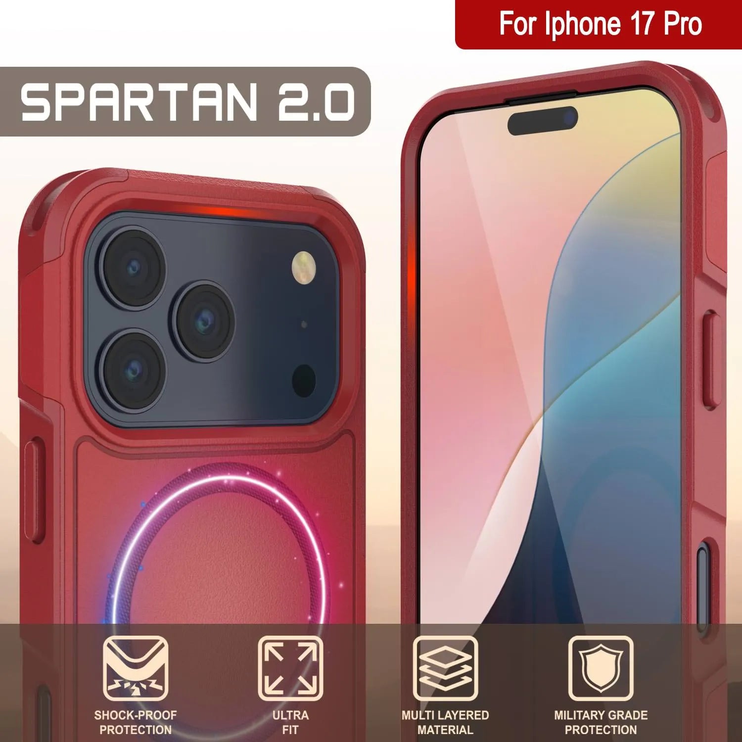 PunkCase iPhone 17 Pro Case, [Spartan 2.0 Series] Clear Rugged Heavy Duty Cover W/Built in Screen Protector [red]