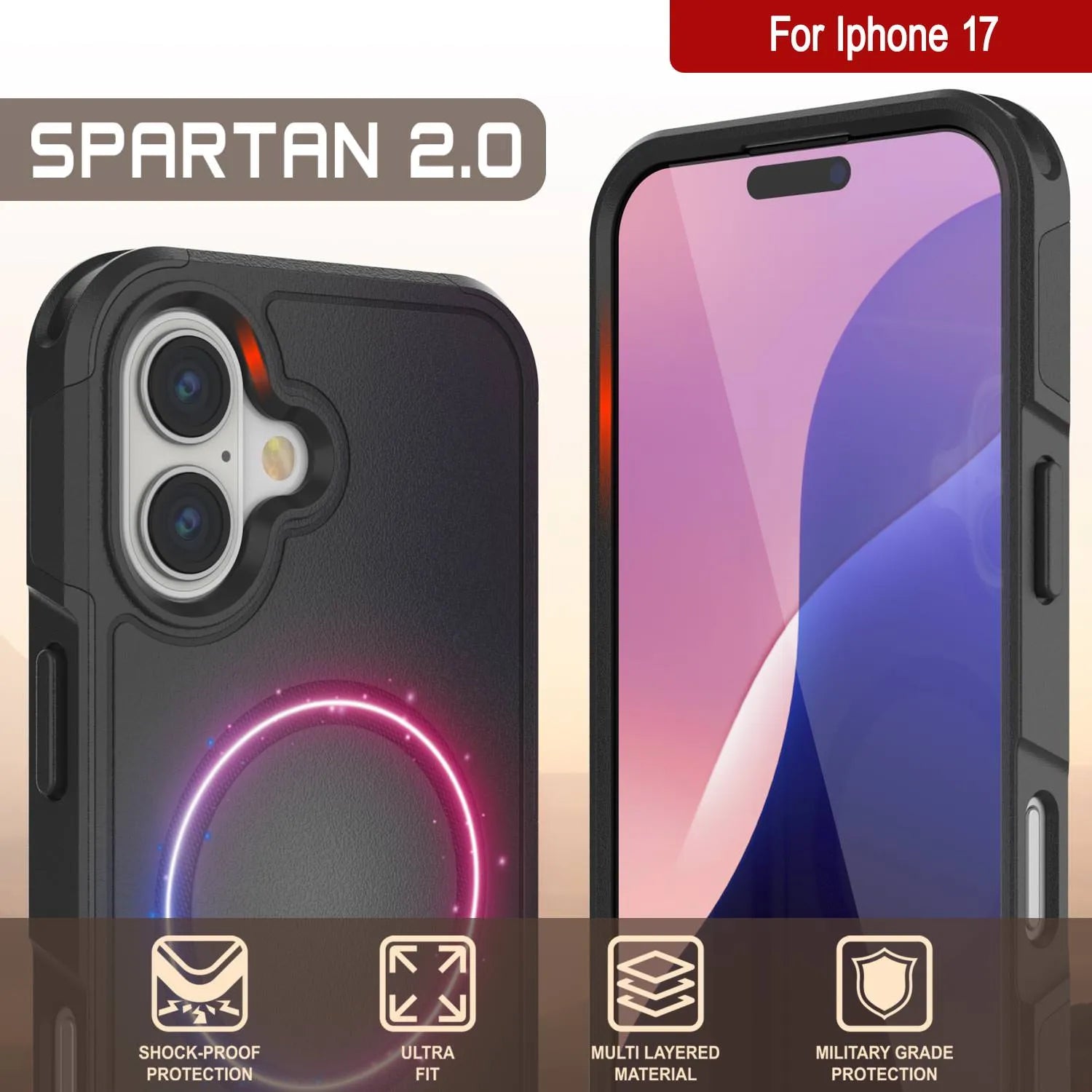 PunkCase iPhone 17 Case, [Spartan 2.0 Series] Clear Rugged Heavy Duty Cover W/Built in Screen Protector [Black]