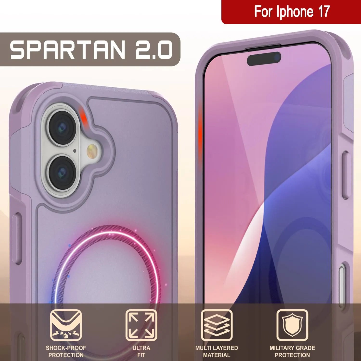PunkCase iPhone 17 Case, [Spartan 2.0 Series] Clear Rugged Heavy Duty Cover W/Built in Screen Protector [lilac]