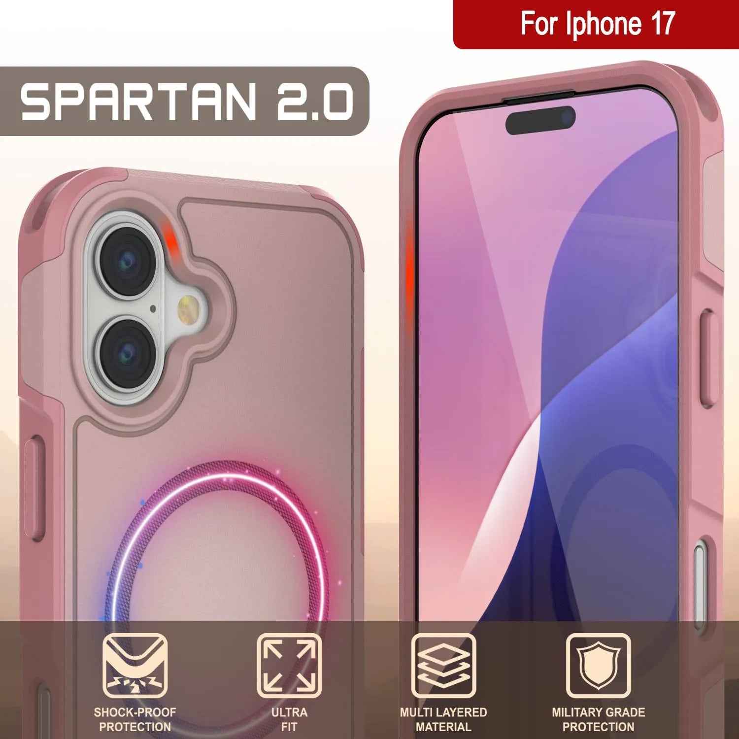 PunkCase iPhone 17 Case, [Spartan 2.0 Series] Clear Rugged Heavy Duty Cover W/Built in Screen Protector [pink]