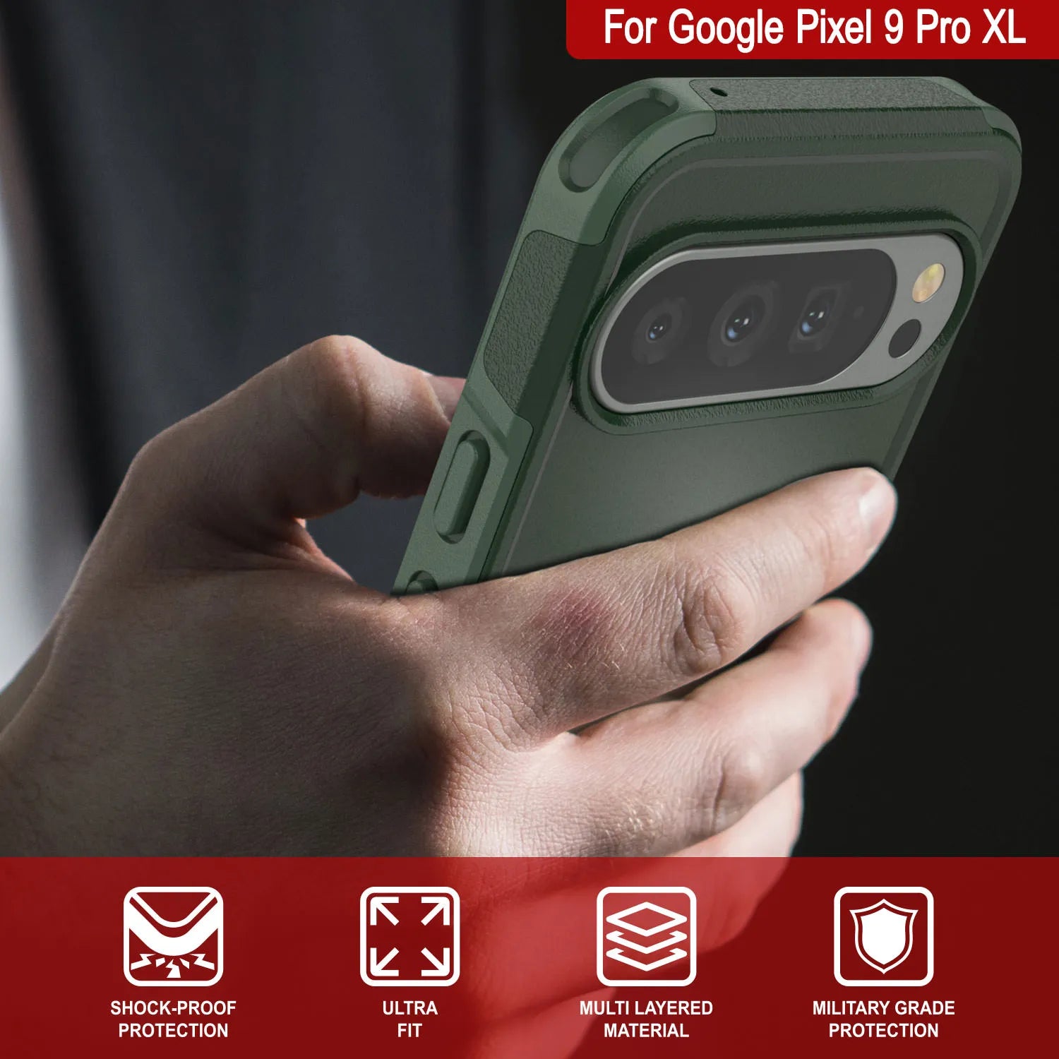 PunkCase Google Pixel 9 Pro XL Case, [Spartan 2.0 Series] Clear Rugged Heavy Duty Cover W/Built in Screen Protector [Dark Green]