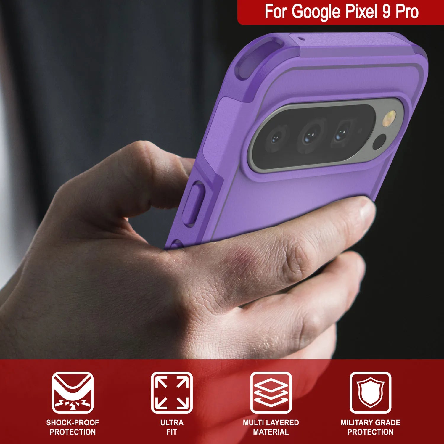 PunkCase Google Pixel 9 Pro Case, [Spartan 2.0 Series] Clear Rugged Heavy Duty Cover W/Built in Screen Protector [Purple]