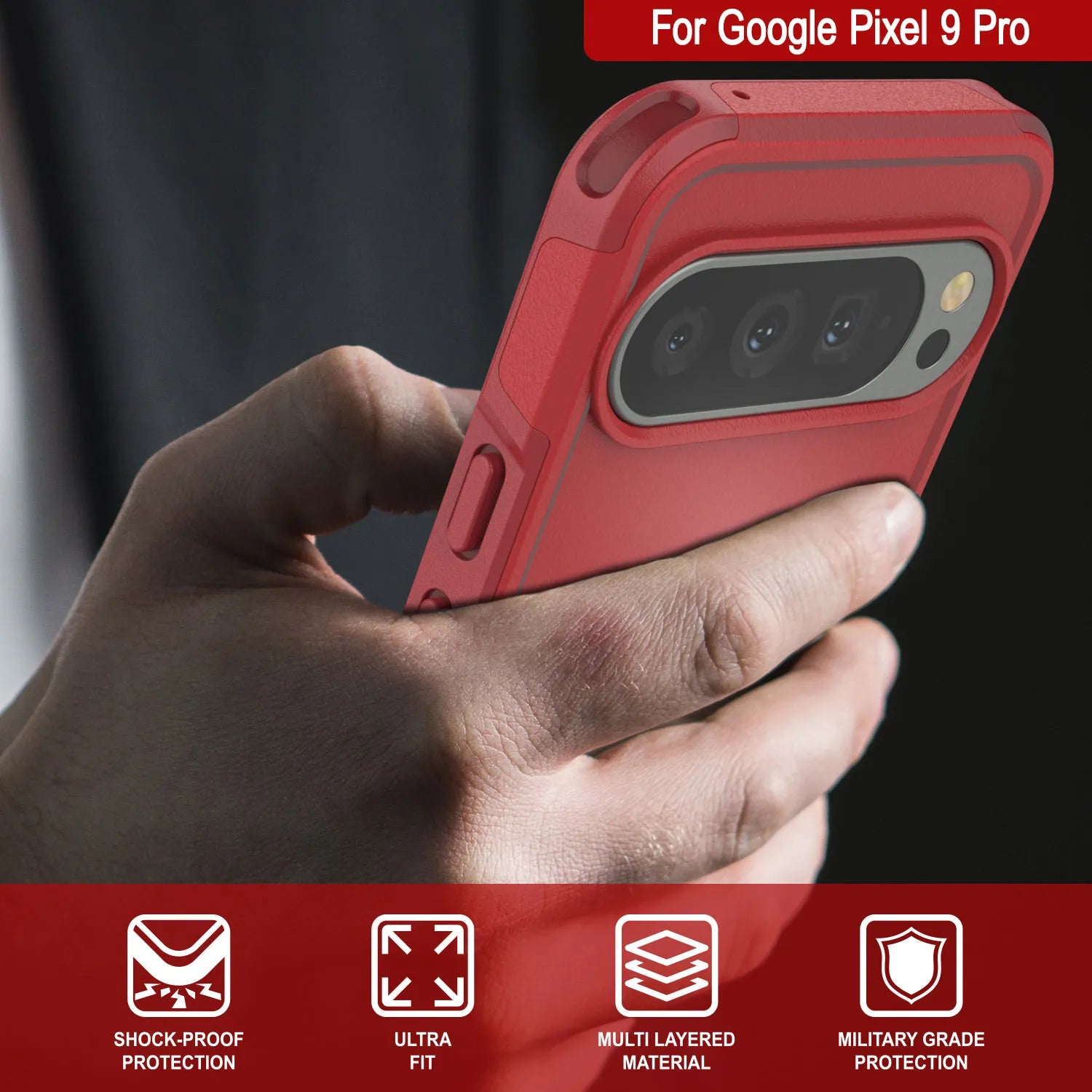 PunkCase Google Pixel 9 Pro Case, [Spartan 2.0 Series] Clear Rugged Heavy Duty Cover W/Built in Screen Protector [Red]