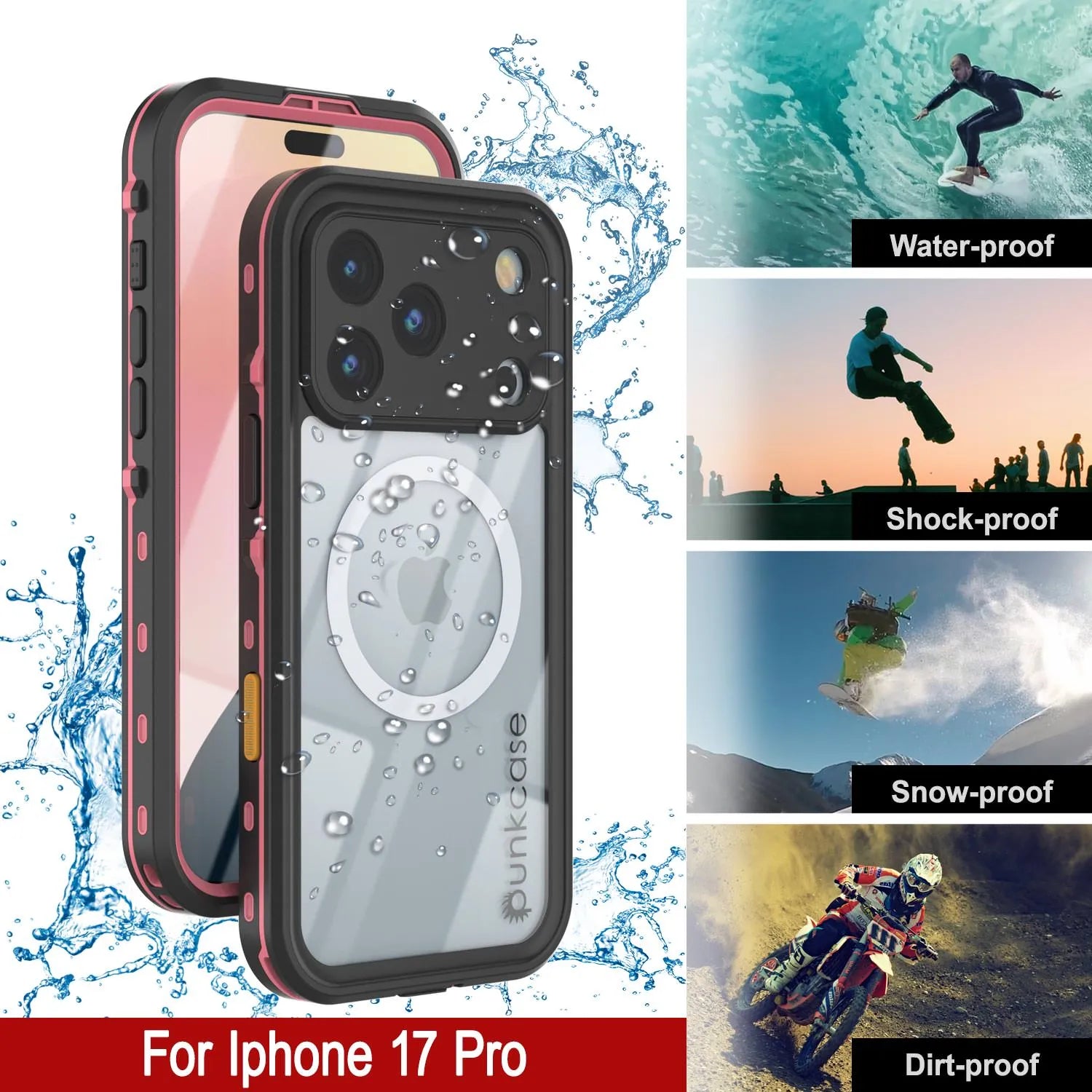 iPhone 17 Pro Waterproof IP68 Case, Punkcase [Pink] [StudStar Series] [Slim Fit] [Dirtproof]