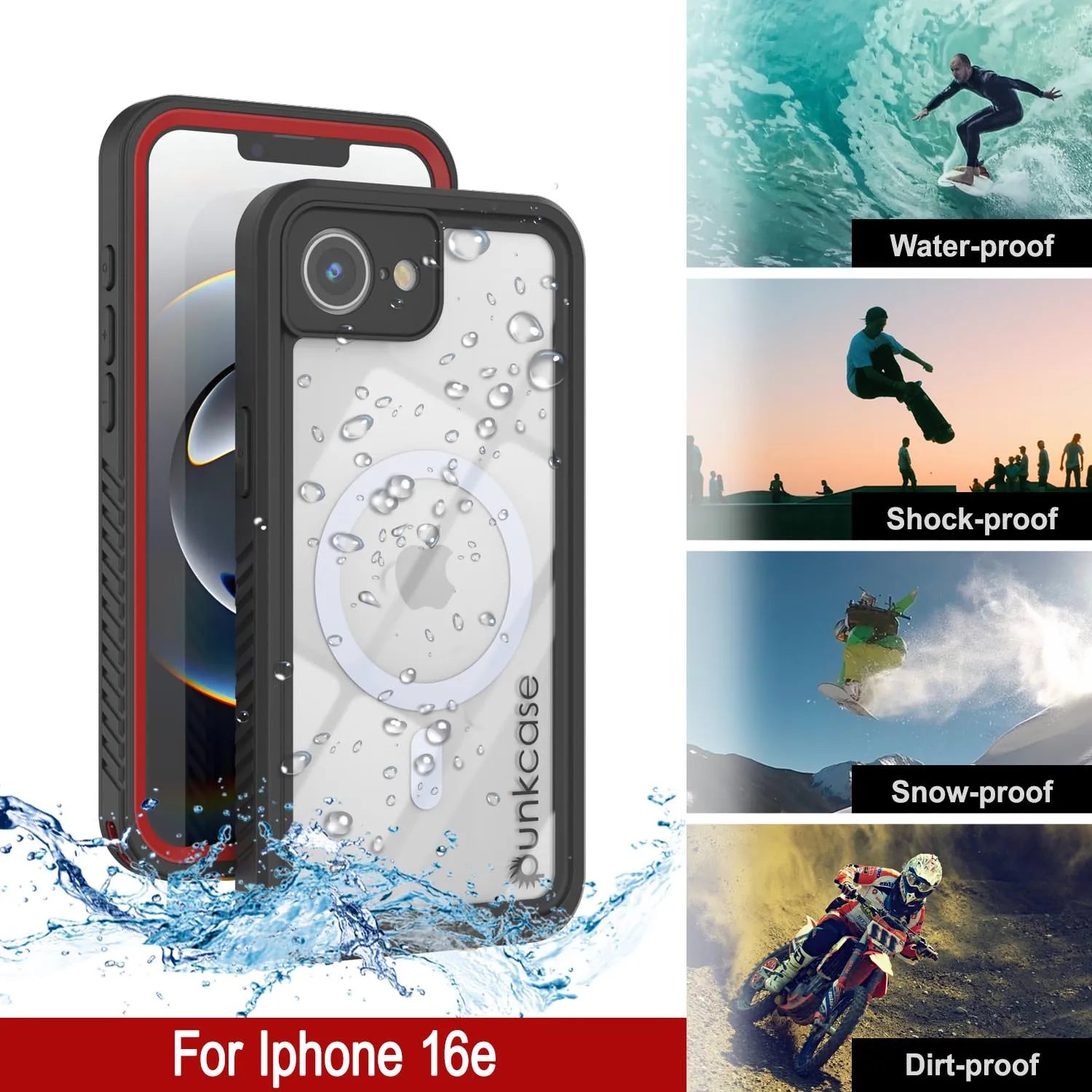 iPhone 16e  Waterproof Case, Punkcase [Extreme Mag Series] Armor Cover W/ Built In Screen Protector [Red]