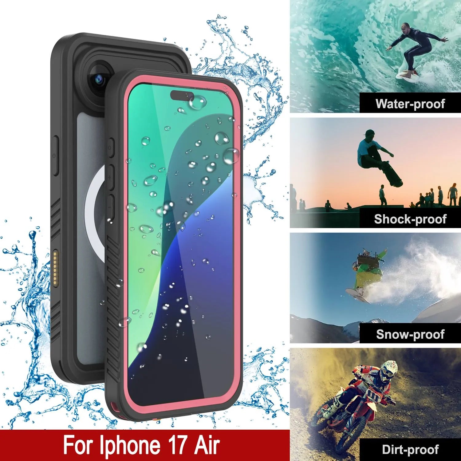 iPhone 17 Air Waterproof Case, Punkcase [Extreme Series] Armor Cover W/ Built In Screen Protector [Pink]