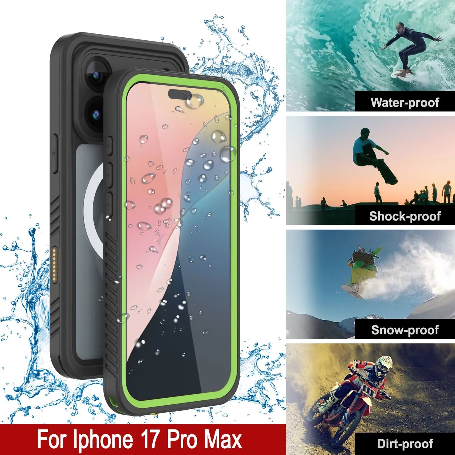 Products iPhone 17 Pro Max Waterproof Case, Punkcase [Extreme Series] Armor Cover W/ Built In Screen Protector [Light Green]
