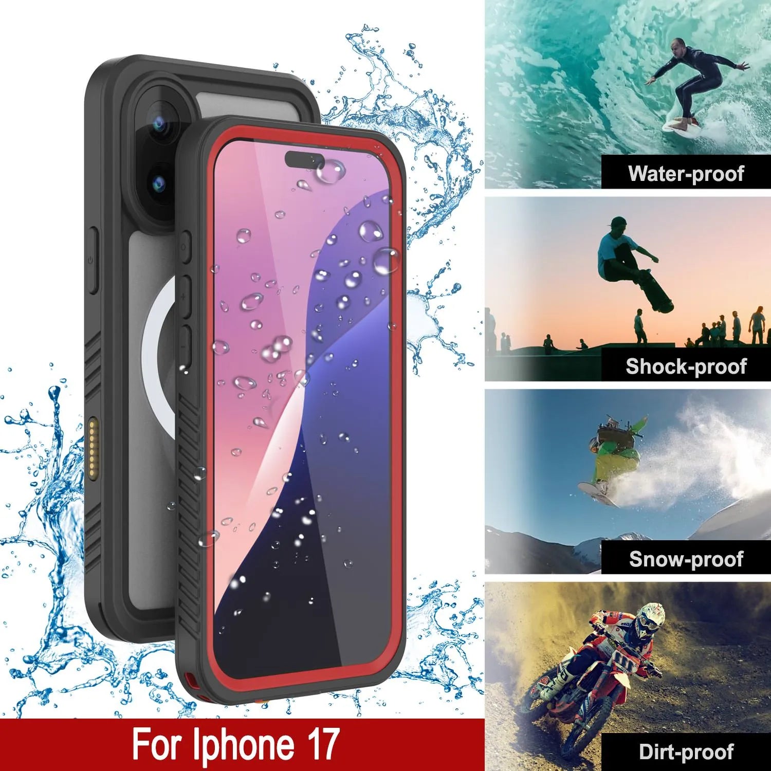 iPhone 17 Waterproof Case, Punkcase [Extreme Series] Armor Cover W/ Built In Screen Protector [Red]
