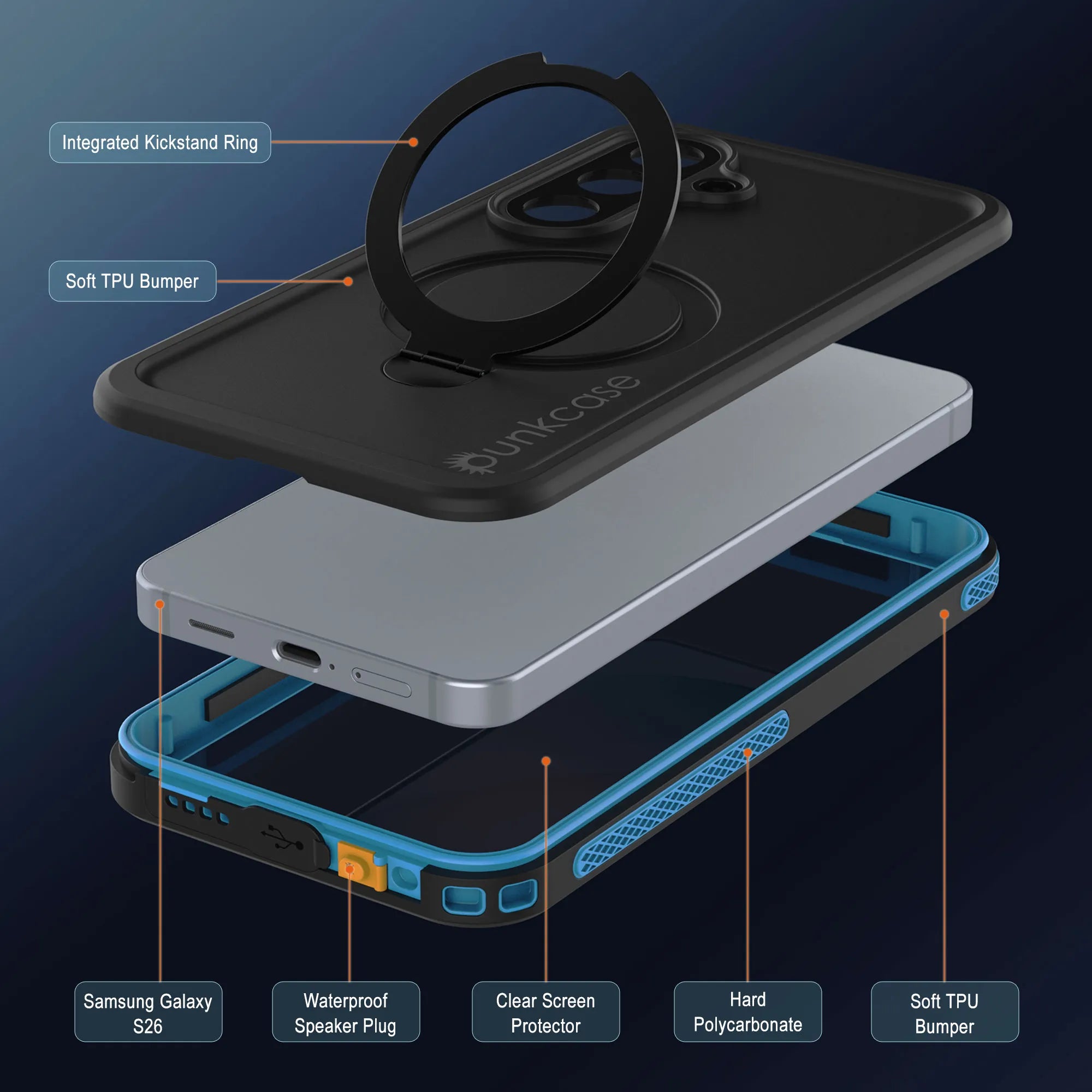 Galaxy S26 Waterproof Case [Kickstud 2.0 Series] Protective IP68 Cover W/Screen Protector & Kickstand [Blue]