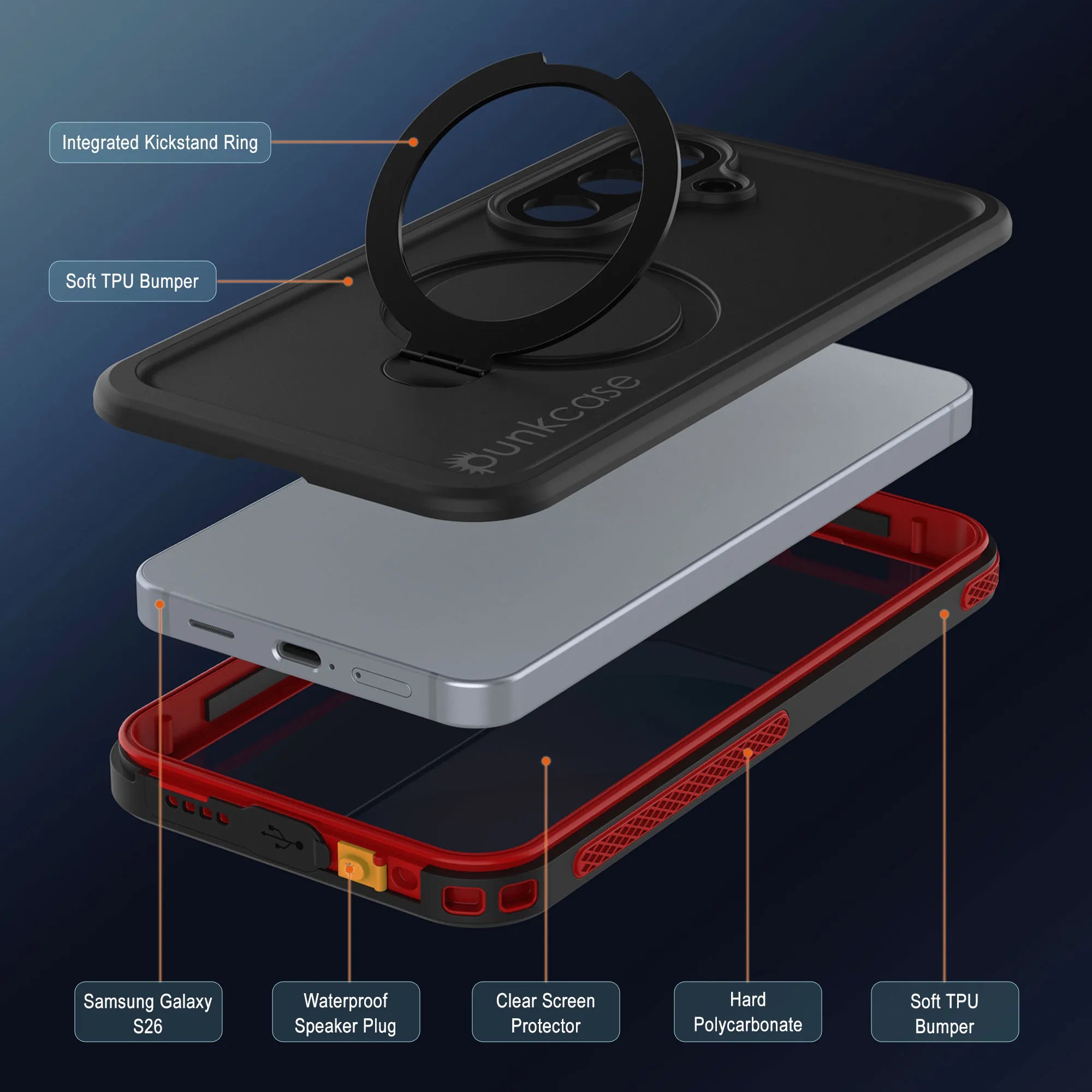 Galaxy S26 Waterproof Case [Kickstud 2.0 Series] Protective IP68 Cover W/Screen Protector & Kickstand [Red]