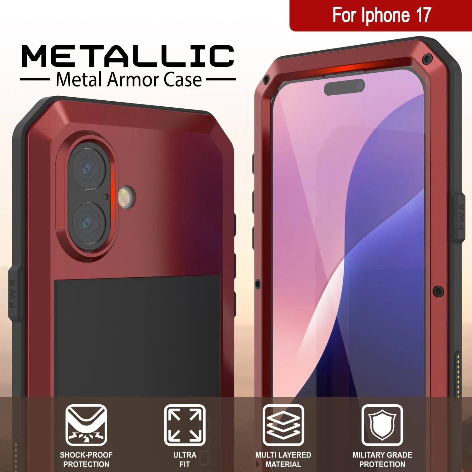 iPhone 17 Metal Case, Heavy Duty Military Grade Armor Cover [shock proof] Full Body Hard [Red]