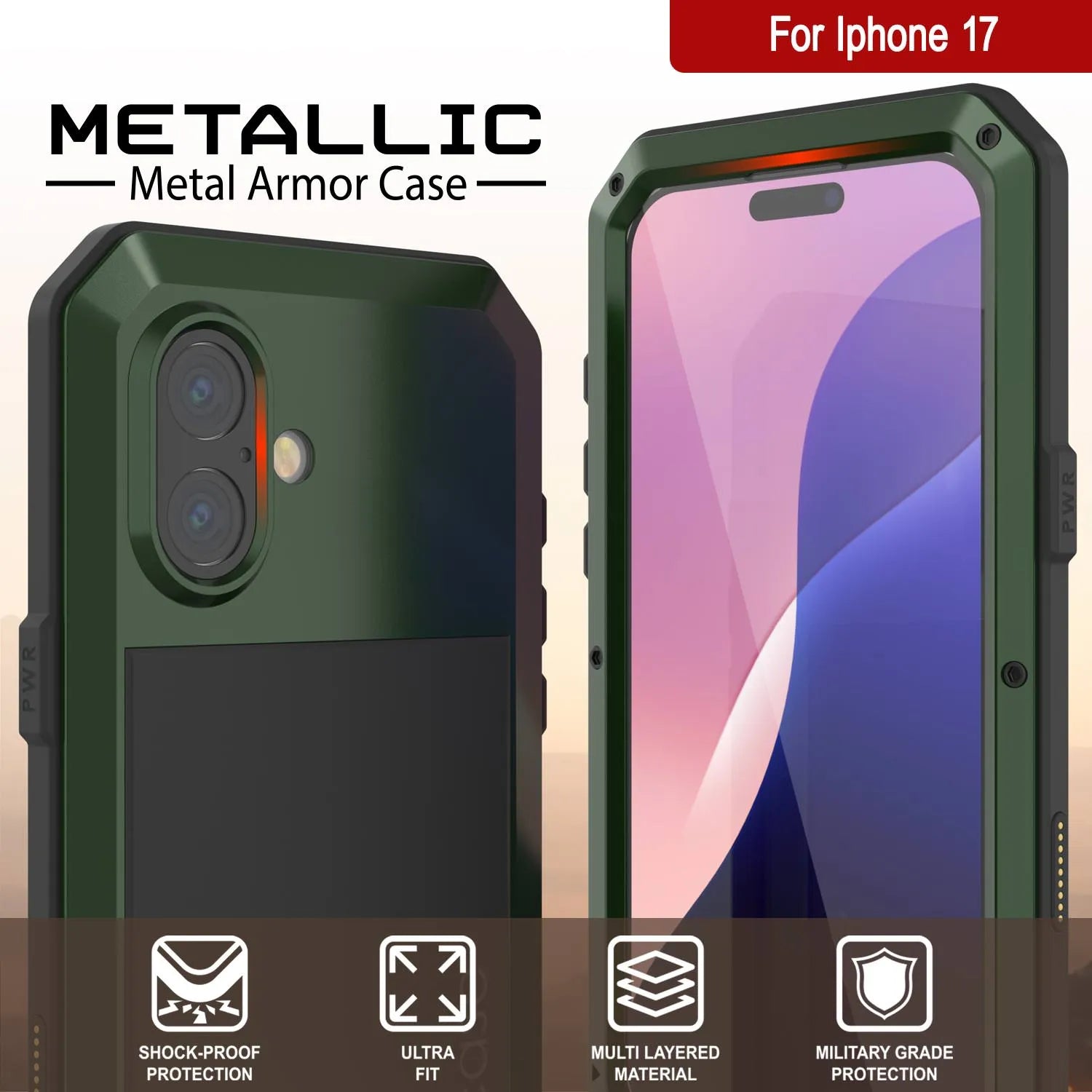 iPhone 17 Metal Case, Heavy Duty Military Grade Armor Cover [shock proof] Full Body Hard [Dark Green]