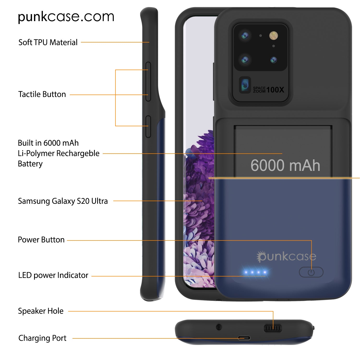 PunkJuice S20 Ultra Battery Case All Blue - Fast Charging Power Juice Bank with 6000mAh