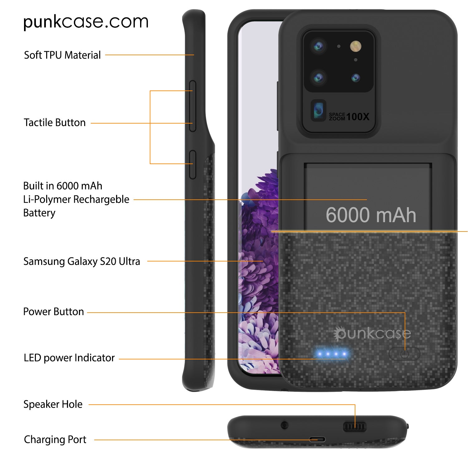 PunkJuice S20 Ultra Battery Case Patterned Black - Fast Charging Power Juice Bank with 6000mAh