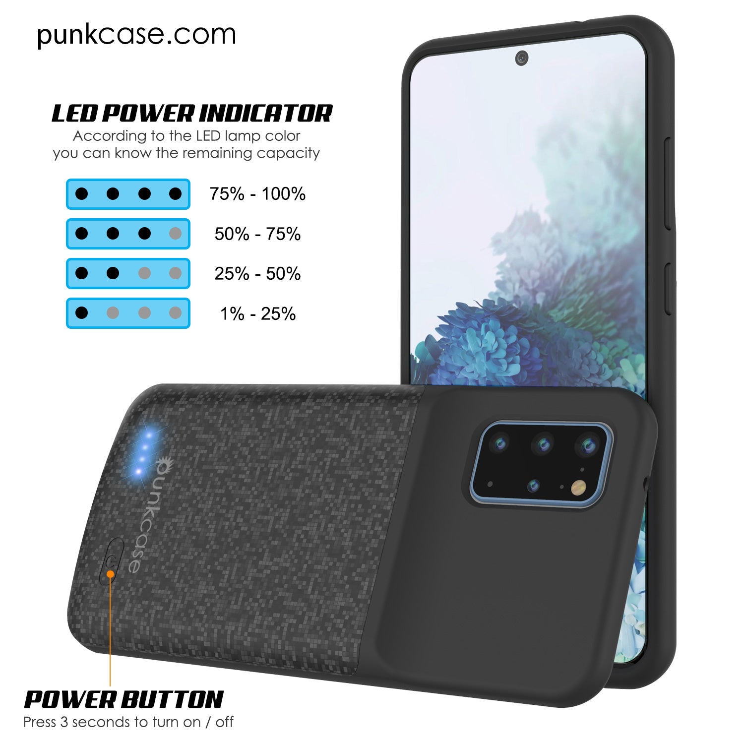 PunkJuice S20+ Plus Battery Case Patterned Black - Fast Charging Power Juice Bank with 6000mAh