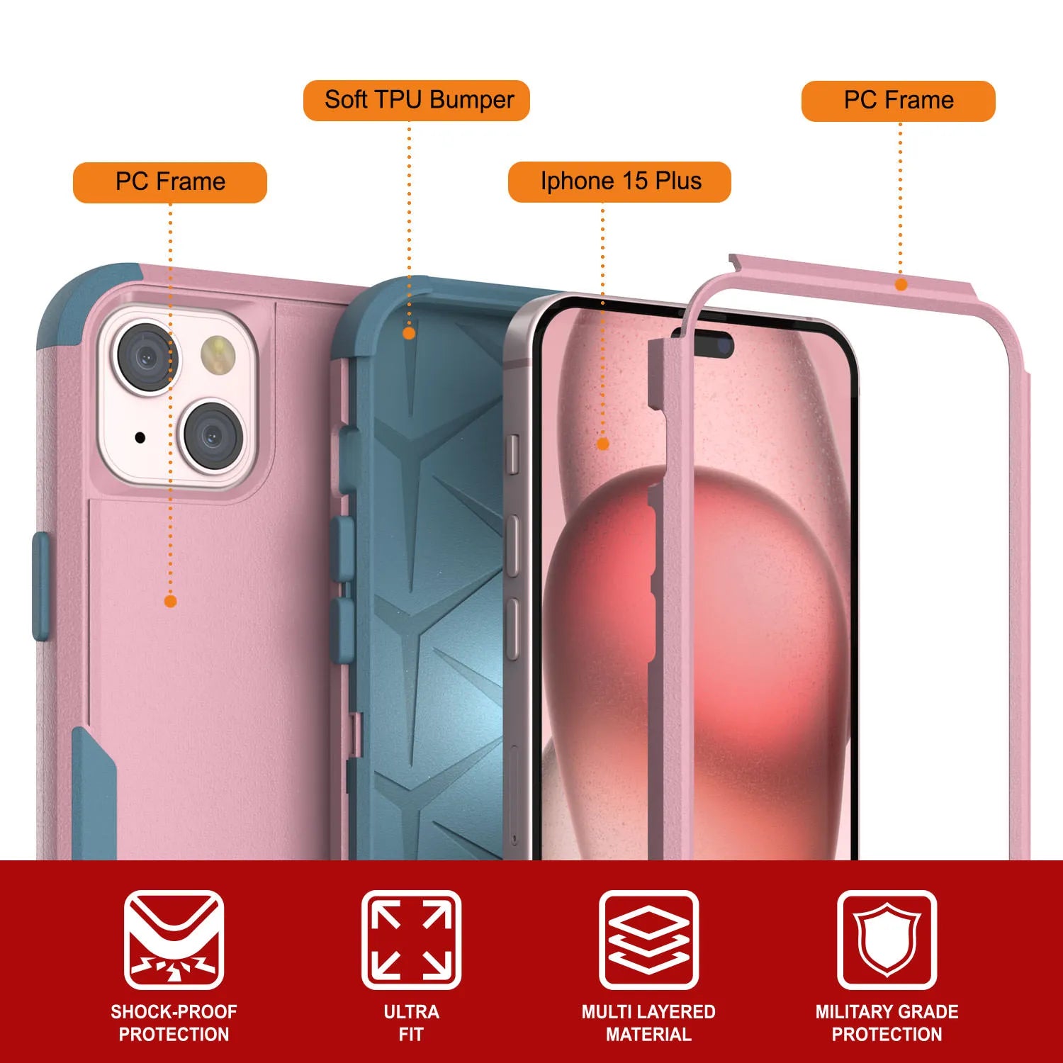 Punkcase for iPhone 15 Plus Belt Clip Multilayer Holster Case [Patron Series] [Pink-Blue]