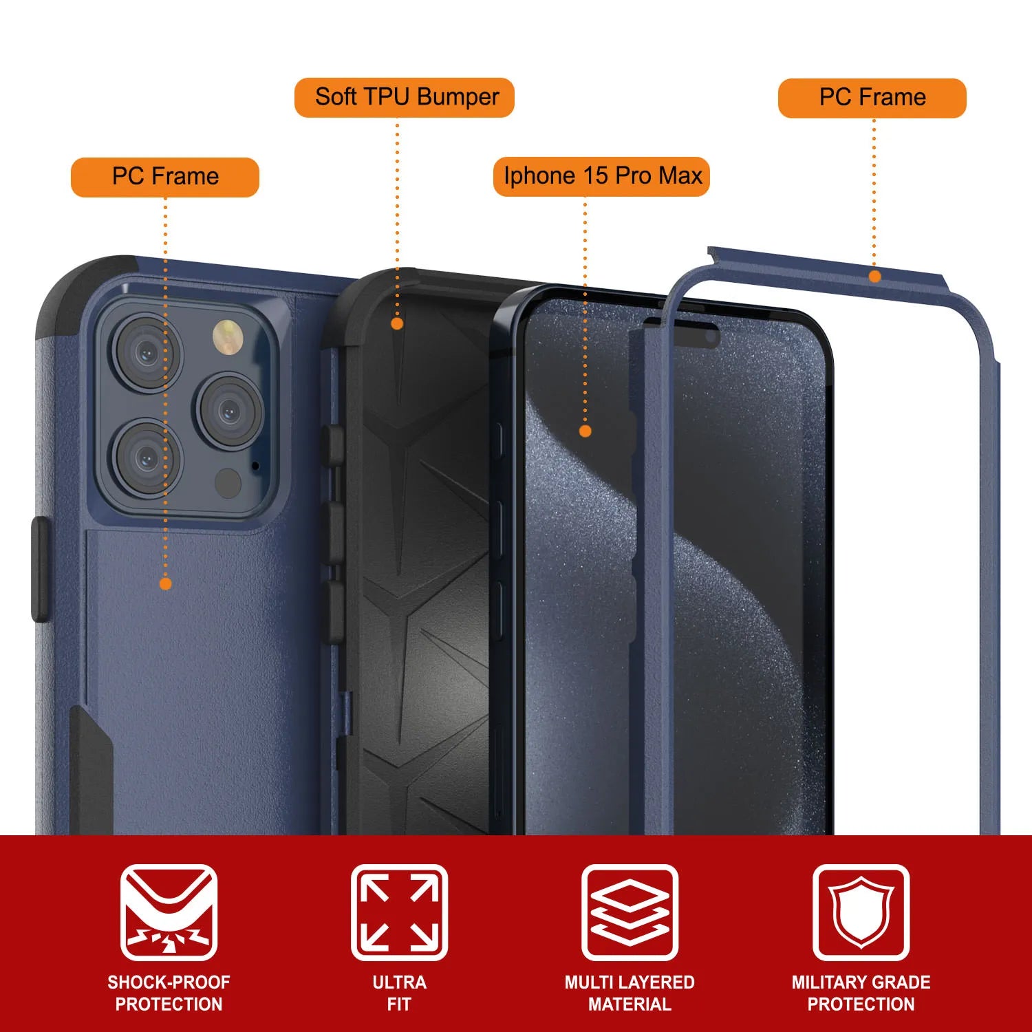 Punkcase for iPhone 15 Pro Max Belt Clip Multilayer Holster Case [Patron Series] [Navy Black]
