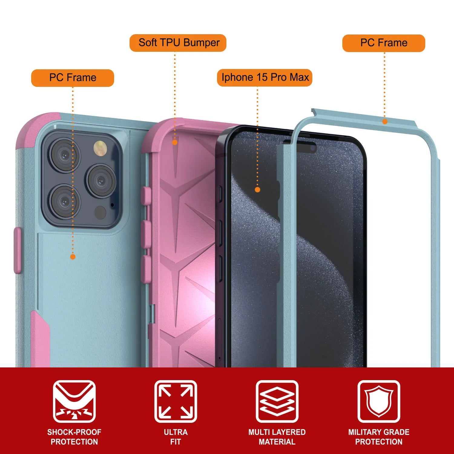 Punkcase for iPhone 15 Pro Max Belt Clip Multilayer Holster Case [Patron Series] [Mint-Pink]