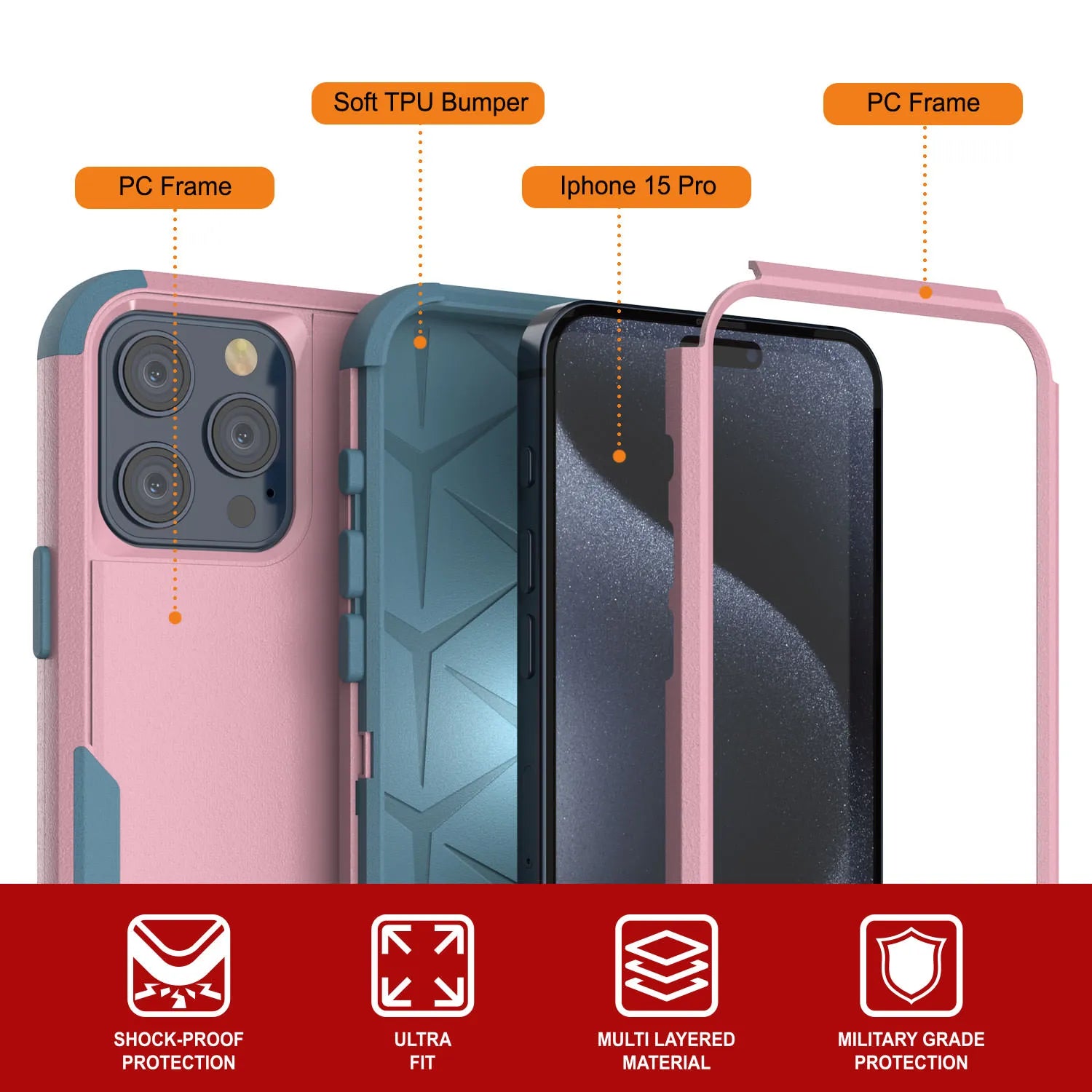 Punkcase for iPhone 15 Pro Belt Clip Multilayer Holster Case [Patron Series] [Pink-Blue]