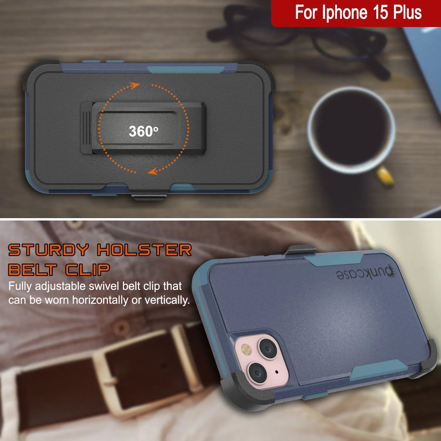 Punkcase for iPhone 15 Plus Belt Clip Multilayer Holster Case [Patron Series] [Navy Blue]
