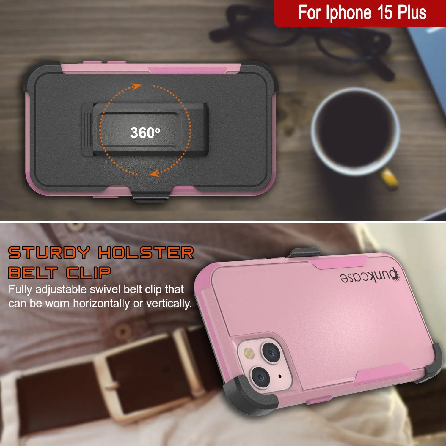 Punkcase for iPhone 15 Plus Belt Clip Multilayer Holster Case [Patron Series] [Pink]