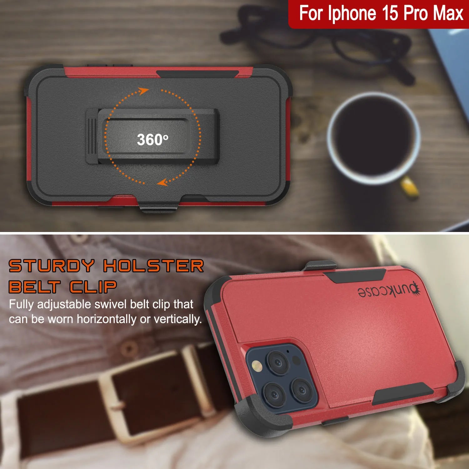 Punkcase for iPhone 15 Pro Max Belt Clip Multilayer Holster Case [Patron Series] [Red-Black]