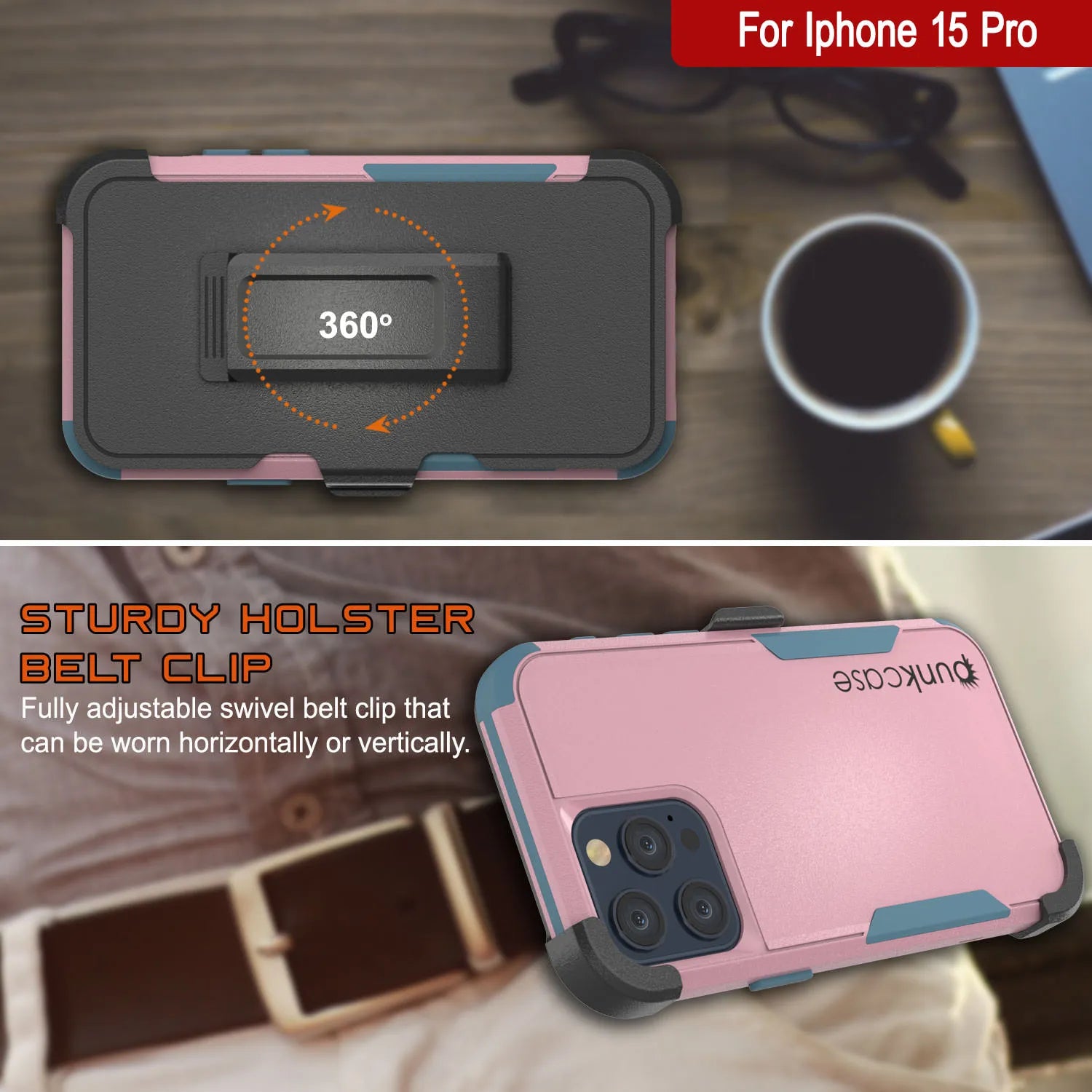 Punkcase for iPhone 15 Pro Belt Clip Multilayer Holster Case [Patron Series] [Pink-Blue]