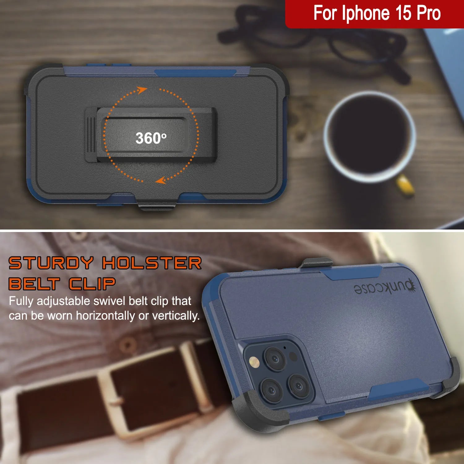 Punkcase for iPhone 15 Pro Belt Clip Multilayer Holster Case [Patron Series] [Navy]