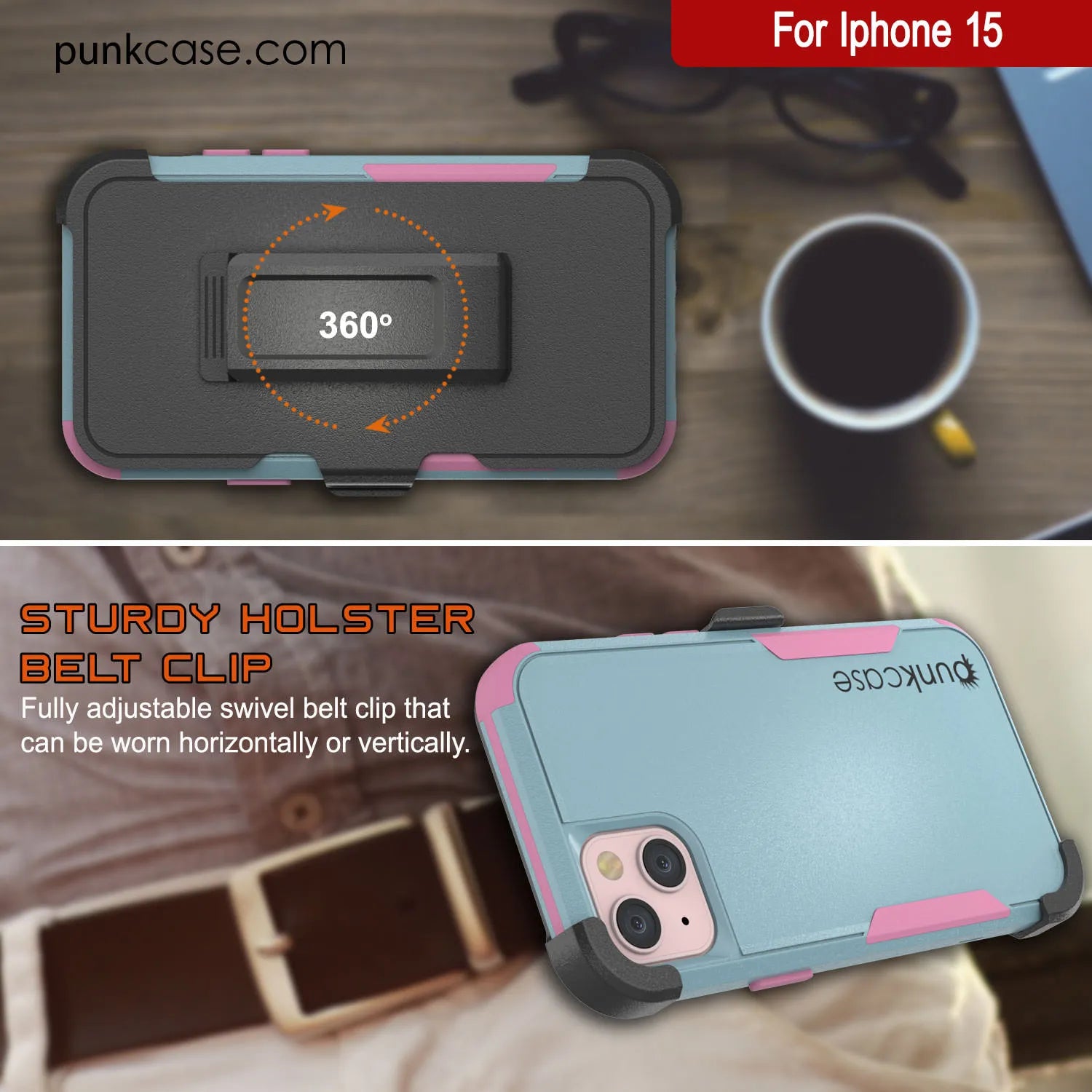 Punkcase for iPhone 15 Belt Clip Multilayer Holster Case [Patron Series] [Mint-Pink]