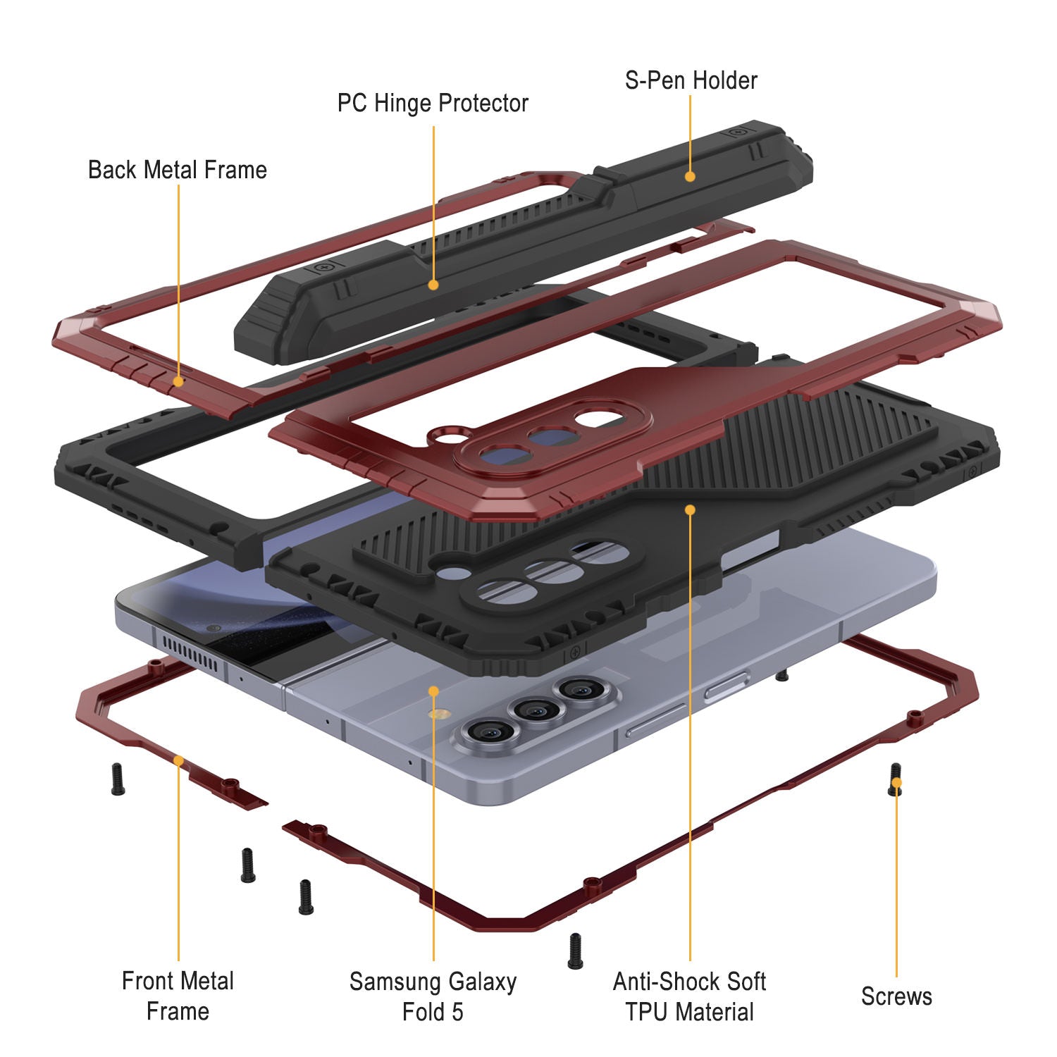 Galaxy Z Fold6 Metal Case, Heavy Duty Military Grade Armor Cover Full Body Hard [Red]