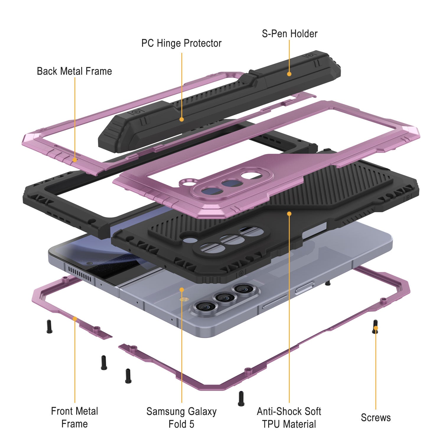 Galaxy Z Fold6 Metal Case, Heavy Duty Military Grade Armor Cover Full Body Hard [Pink]