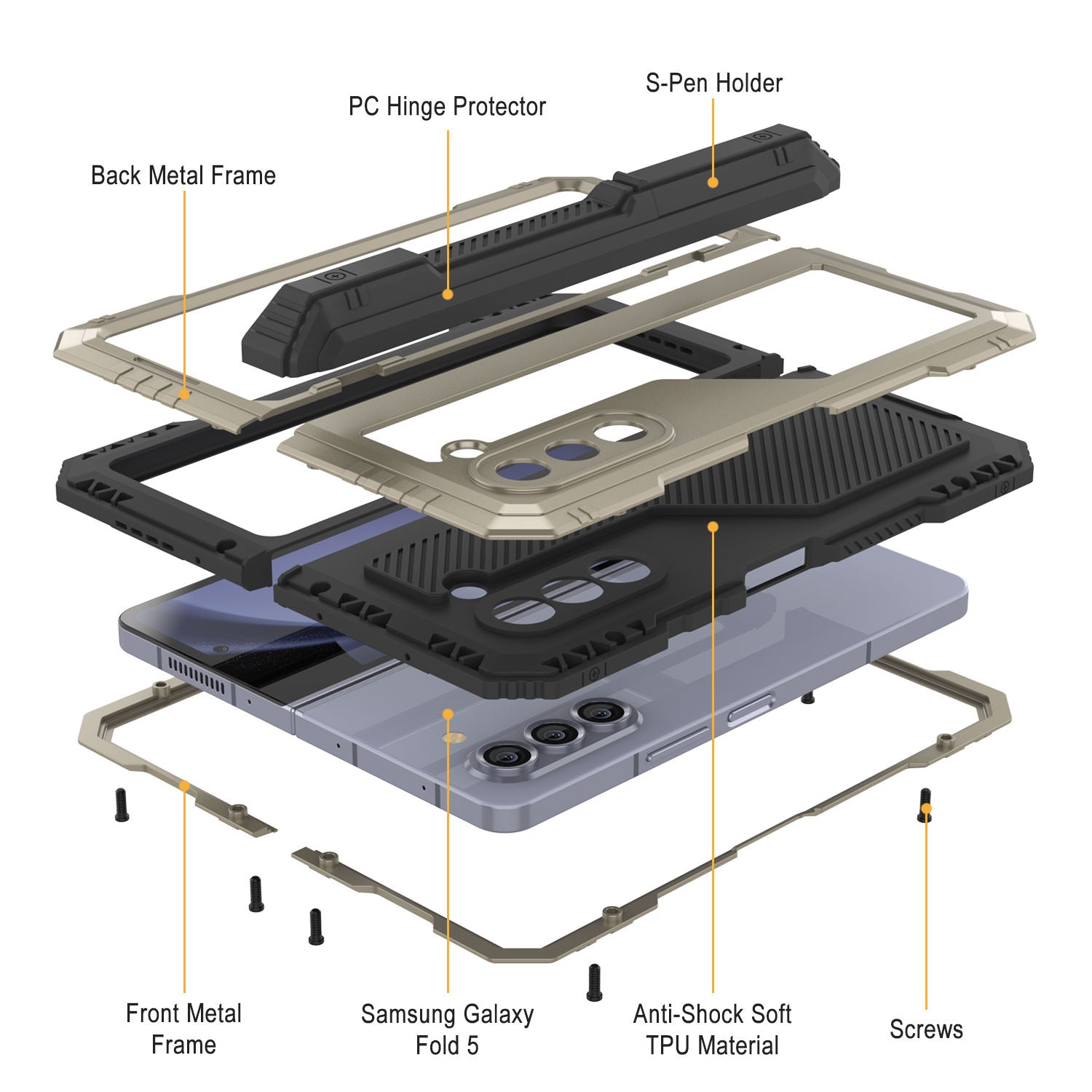 Galaxy Z Fold6 Metal Case, Heavy Duty Military Grade Armor Cover Full Body Hard [Gold]