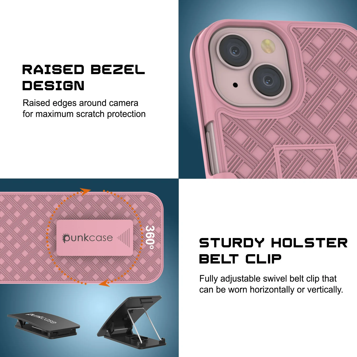 iPhone 15 Case With Tempered Glass Screen Protector, Holster Belt Clip & Built-In Kickstand [Pink]