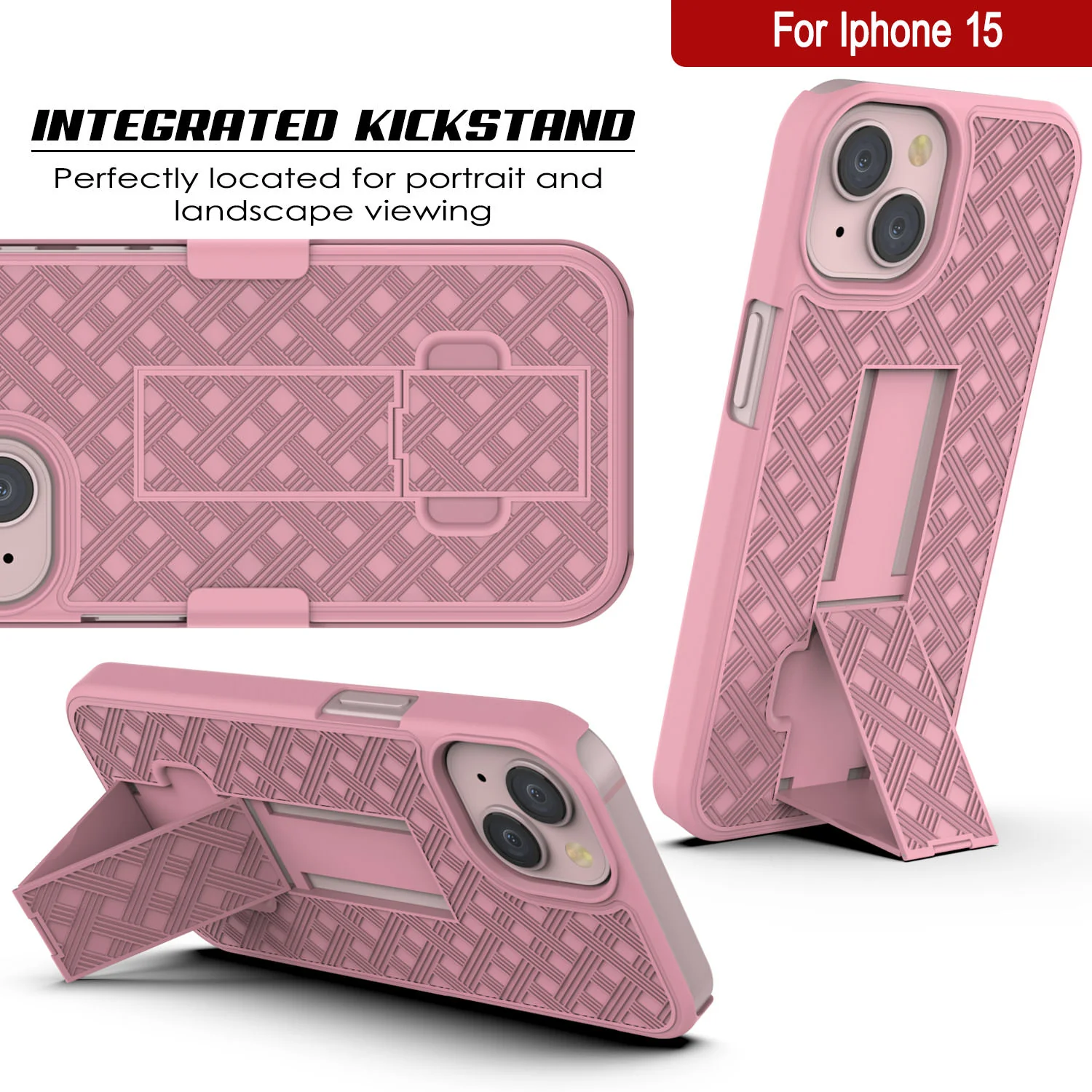 iPhone 15 Case With Tempered Glass Screen Protector, Holster Belt Clip & Built-In Kickstand [Pink]