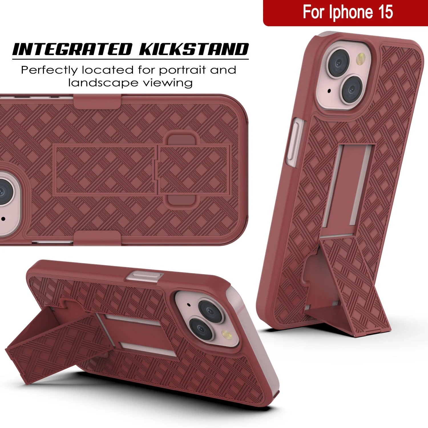 iPhone 15 Case With Tempered Glass Screen Protector, Holster Belt Clip & Built-In Kickstand [Red]