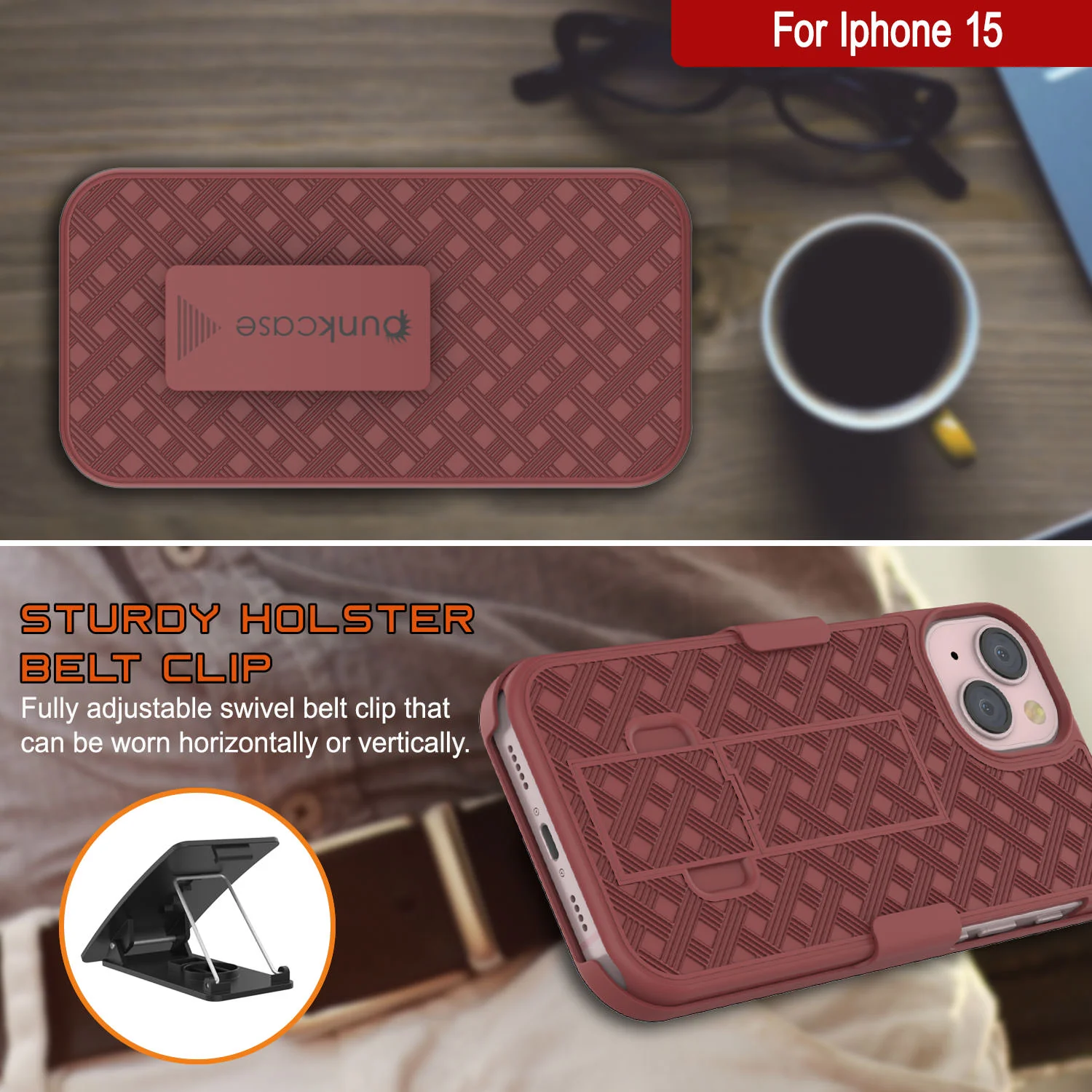 iPhone 15 Case With Tempered Glass Screen Protector, Holster Belt Clip & Built-In Kickstand [Red]