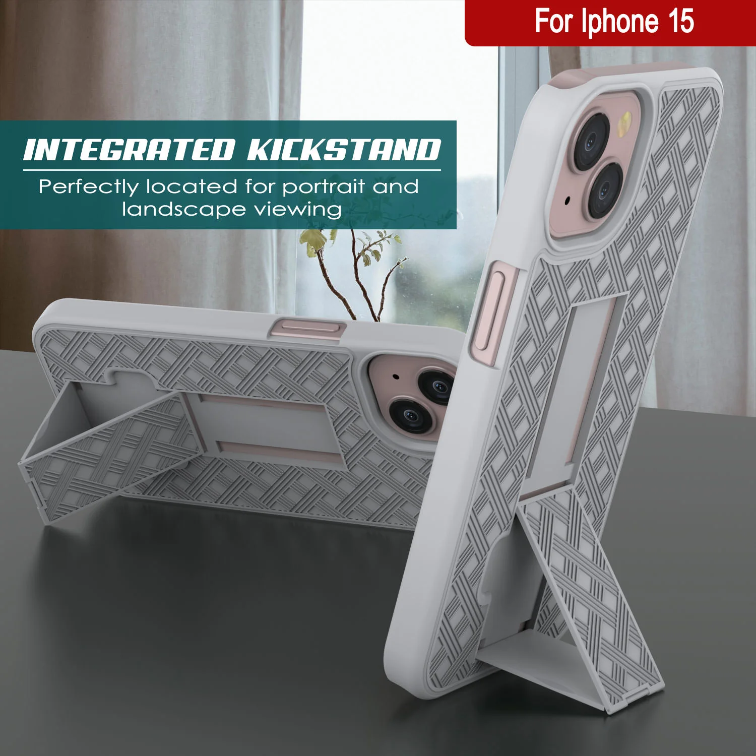 iPhone 15 Case With Tempered Glass Screen Protector, Holster Belt Clip & Built-In Kickstand [White]