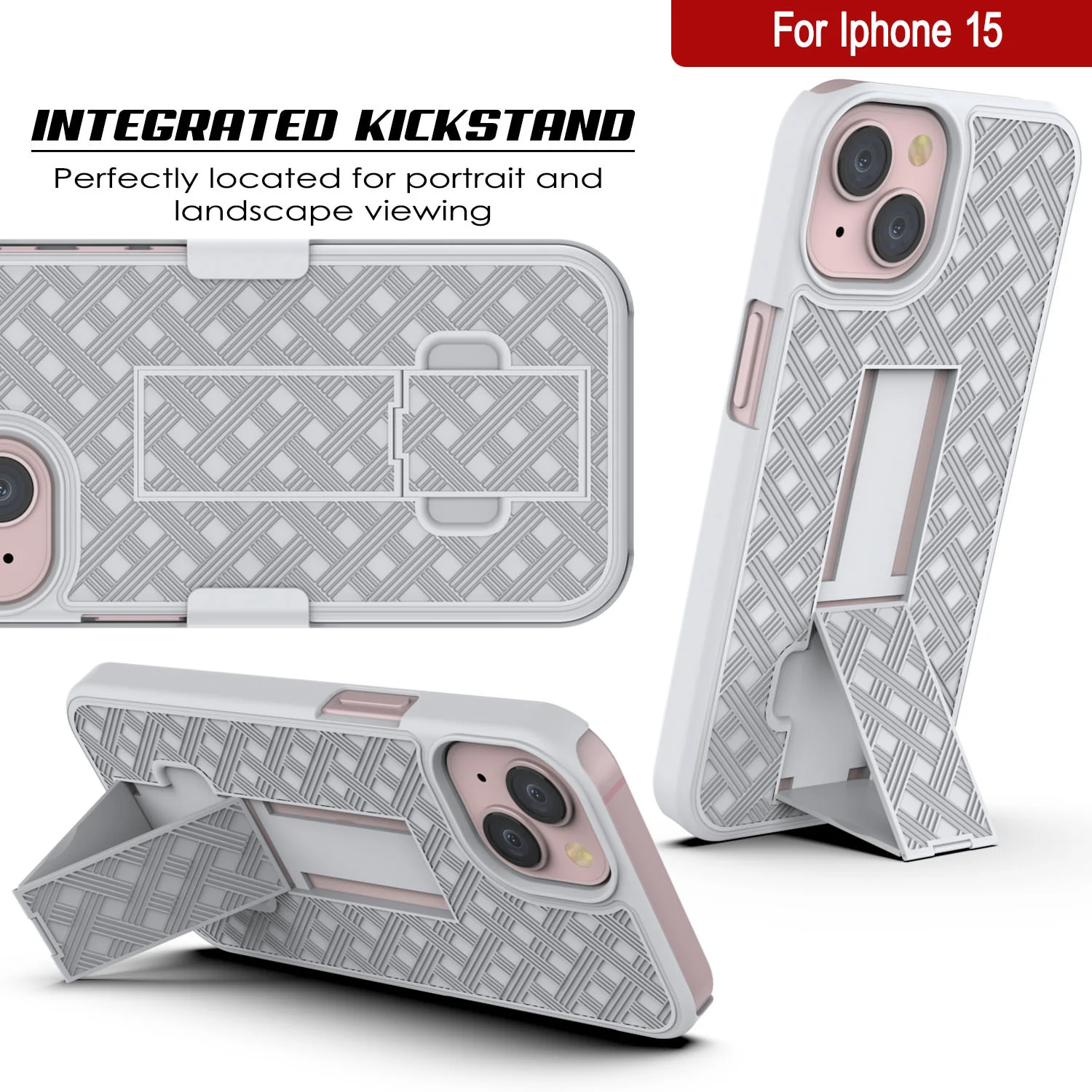 iPhone 15 Case With Tempered Glass Screen Protector, Holster Belt Clip & Built-In Kickstand [White]