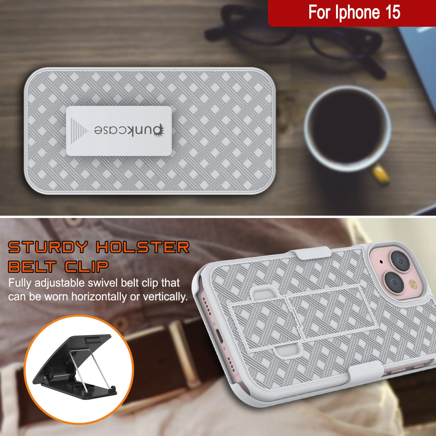 iPhone 15 Case With Tempered Glass Screen Protector, Holster Belt Clip & Built-In Kickstand [White]