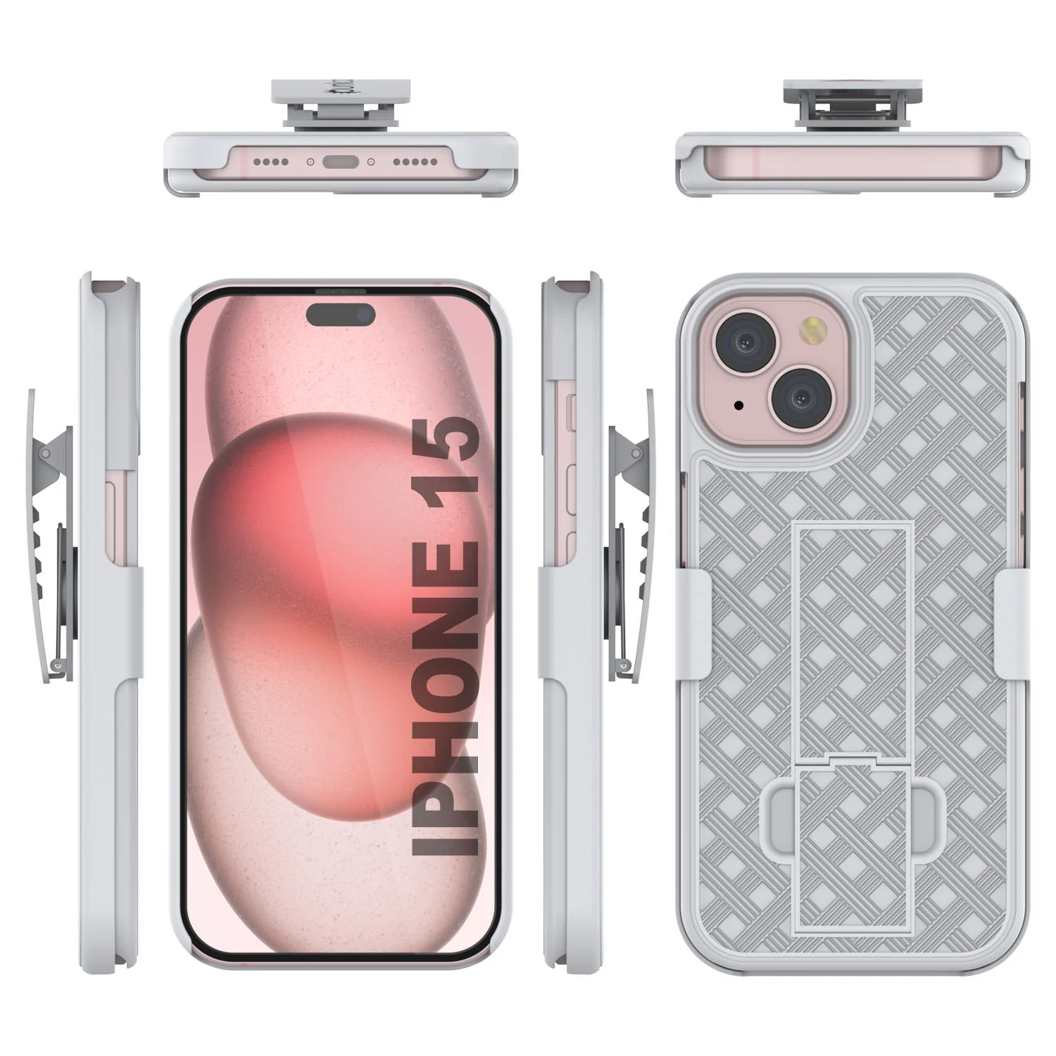 iPhone 15 Case With Tempered Glass Screen Protector, Holster Belt Clip & Built-In Kickstand [White]