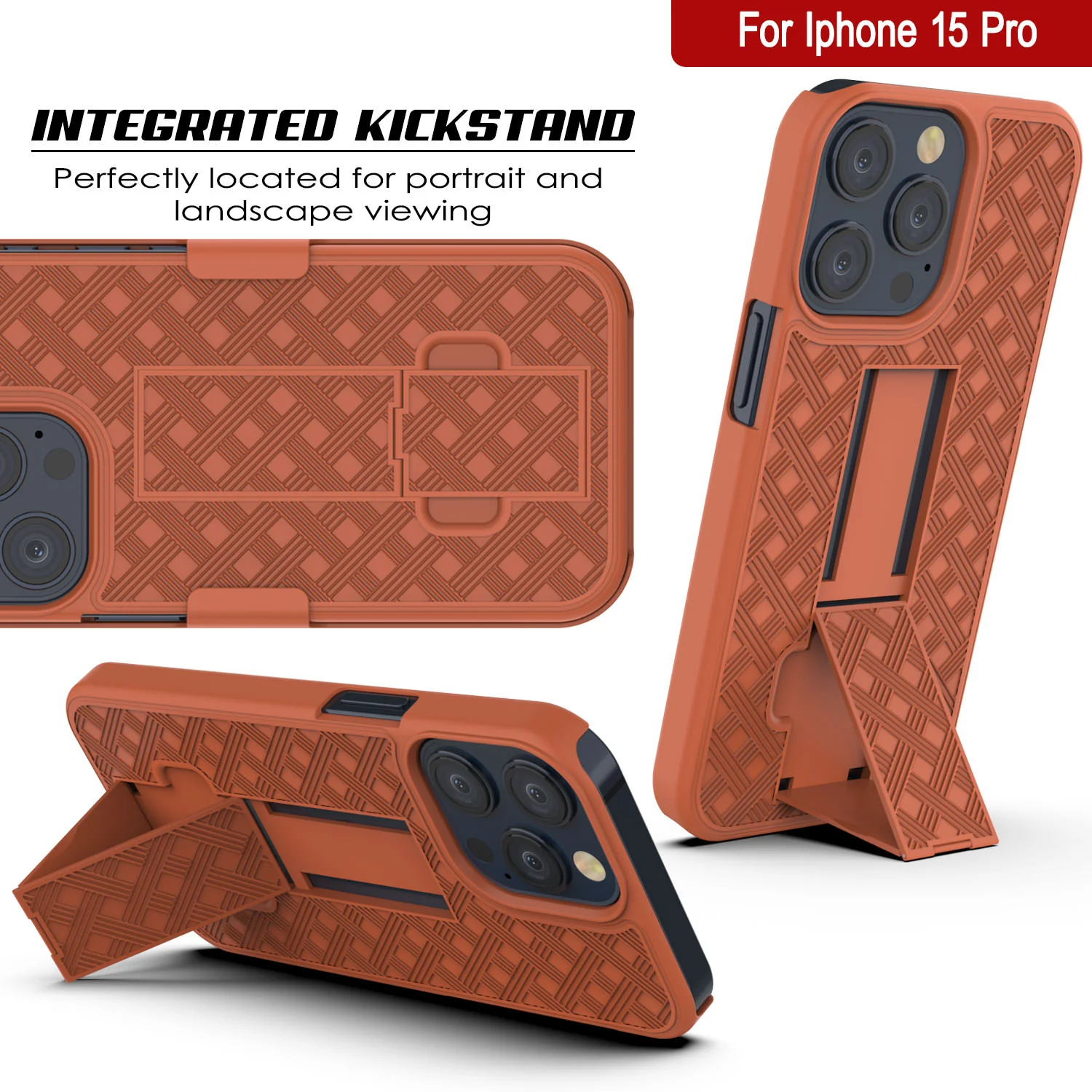 iPhone 15 Pro Case With Tempered Glass Screen Protector, Holster Belt Clip & Built-In Kickstand [Orange]