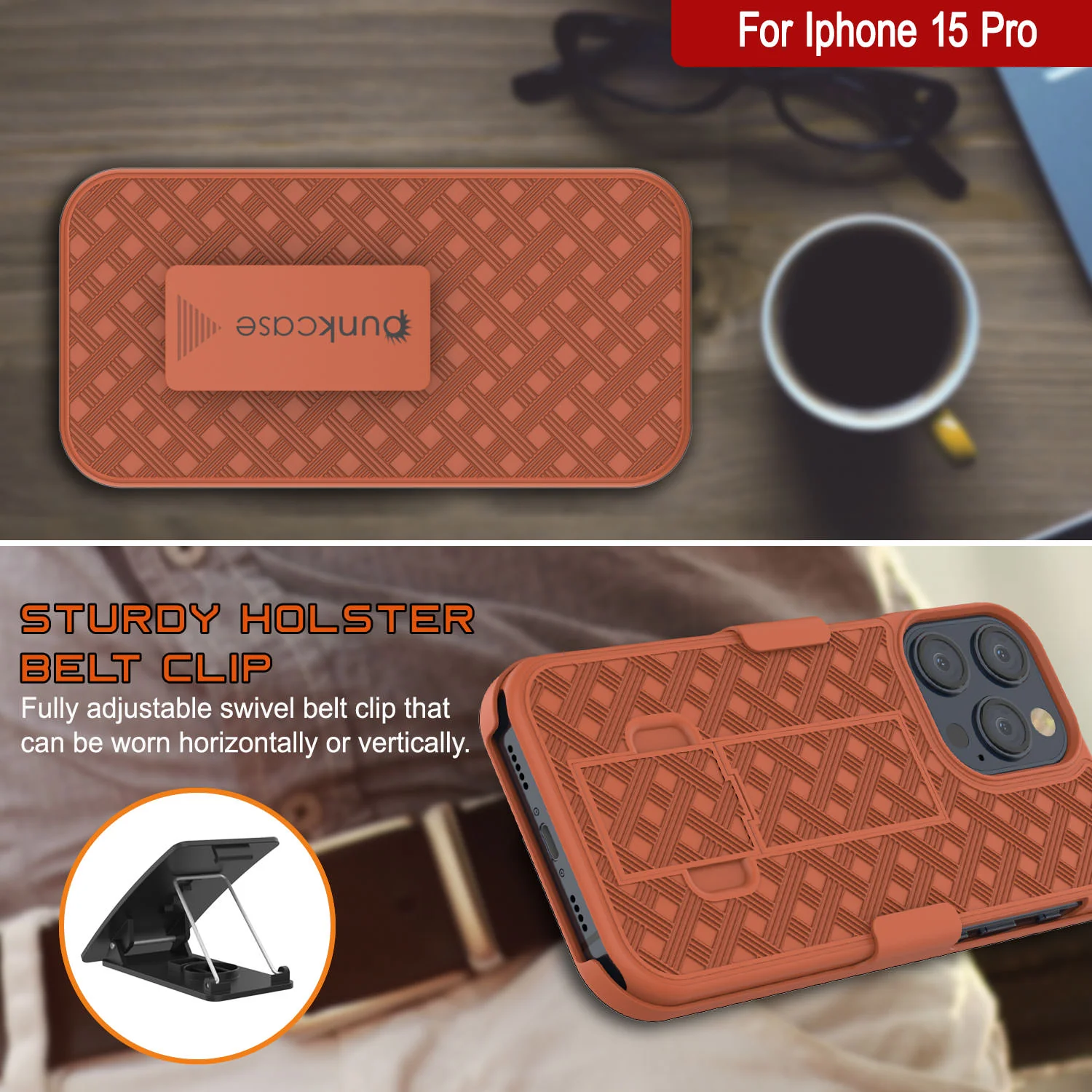 iPhone 15 Pro Case With Tempered Glass Screen Protector, Holster Belt Clip & Built-In Kickstand [Orange]