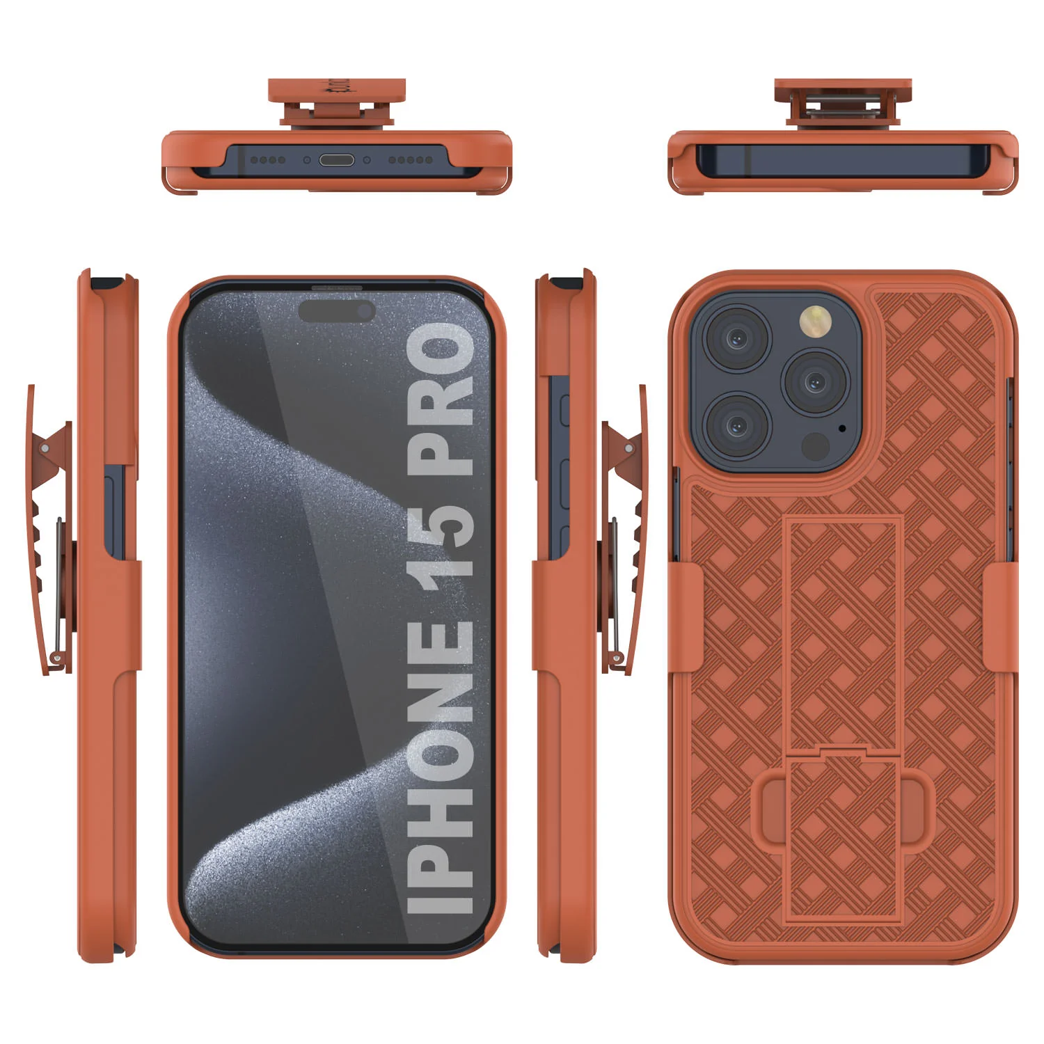iPhone 15 Pro Case With Tempered Glass Screen Protector, Holster Belt Clip & Built-In Kickstand [Orange]