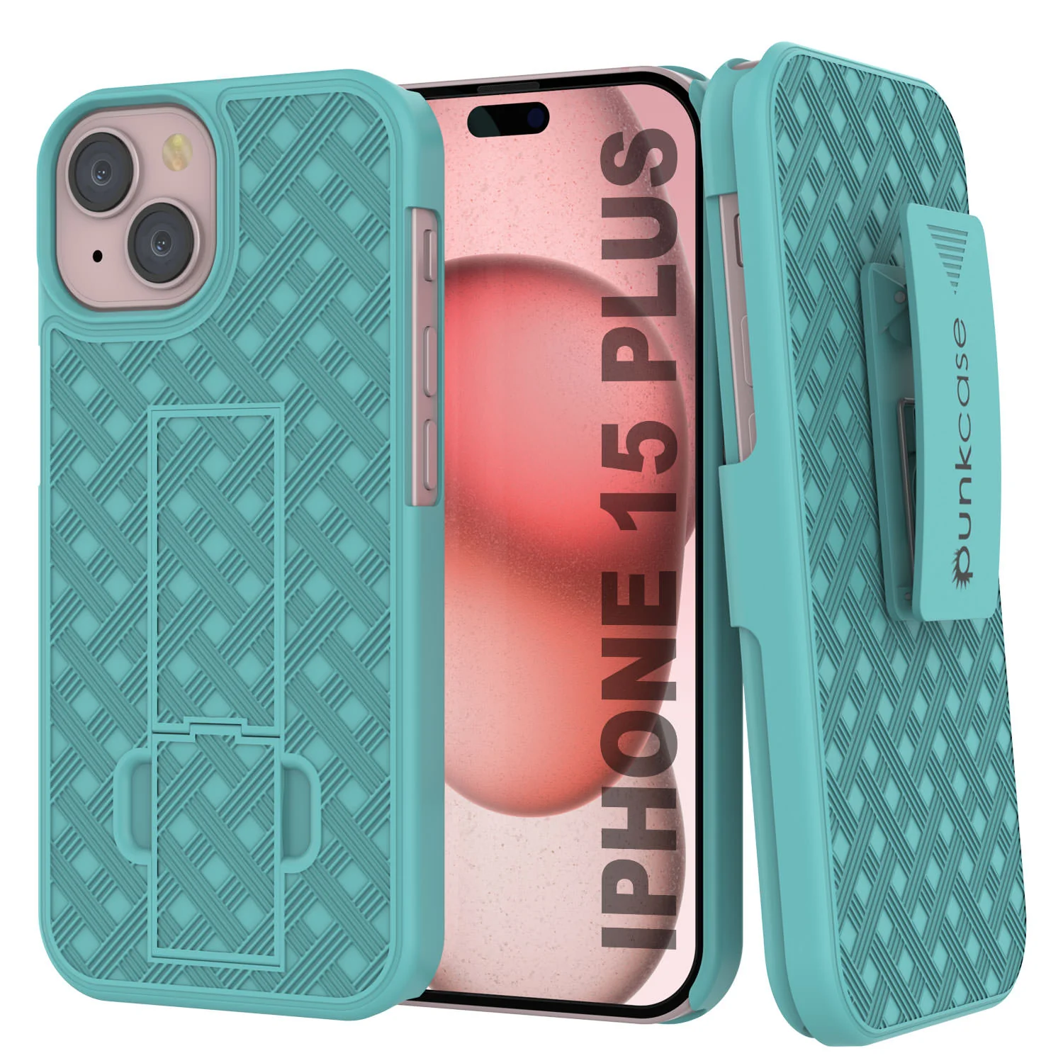 iPhone 15 Plus Case With Tempered Glass Screen Protector, Holster Belt Clip & Built-In Kickstand [Teal]