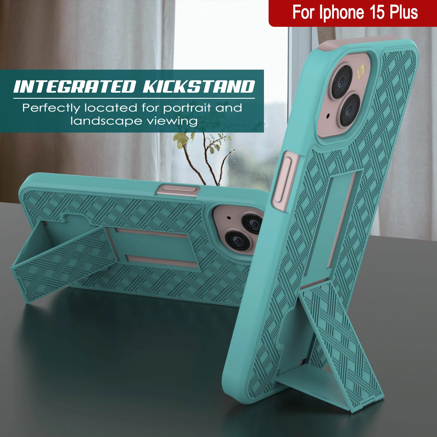 iPhone 15 Plus Case With Tempered Glass Screen Protector, Holster Belt Clip & Built-In Kickstand [Teal]