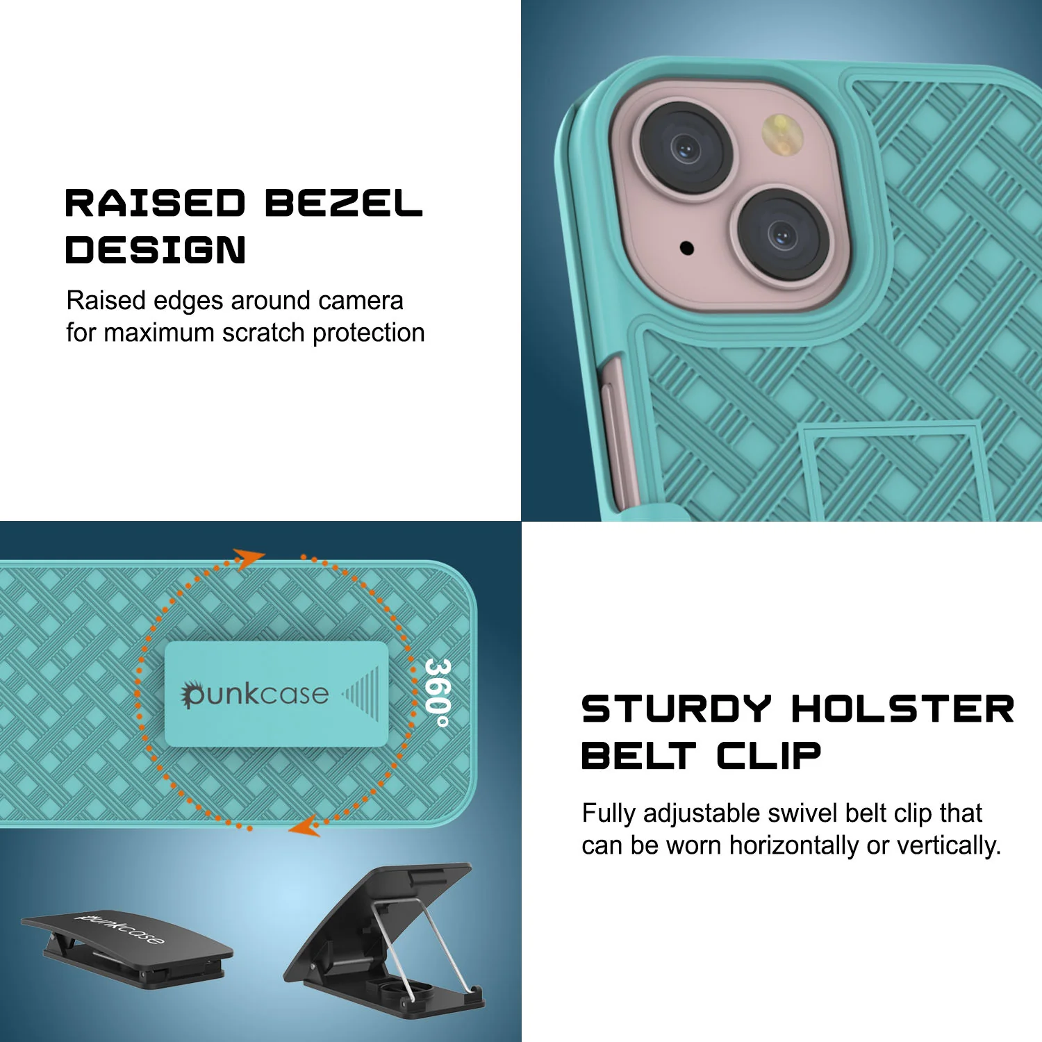iPhone 15 Plus Case With Tempered Glass Screen Protector, Holster Belt Clip & Built-In Kickstand [Teal]