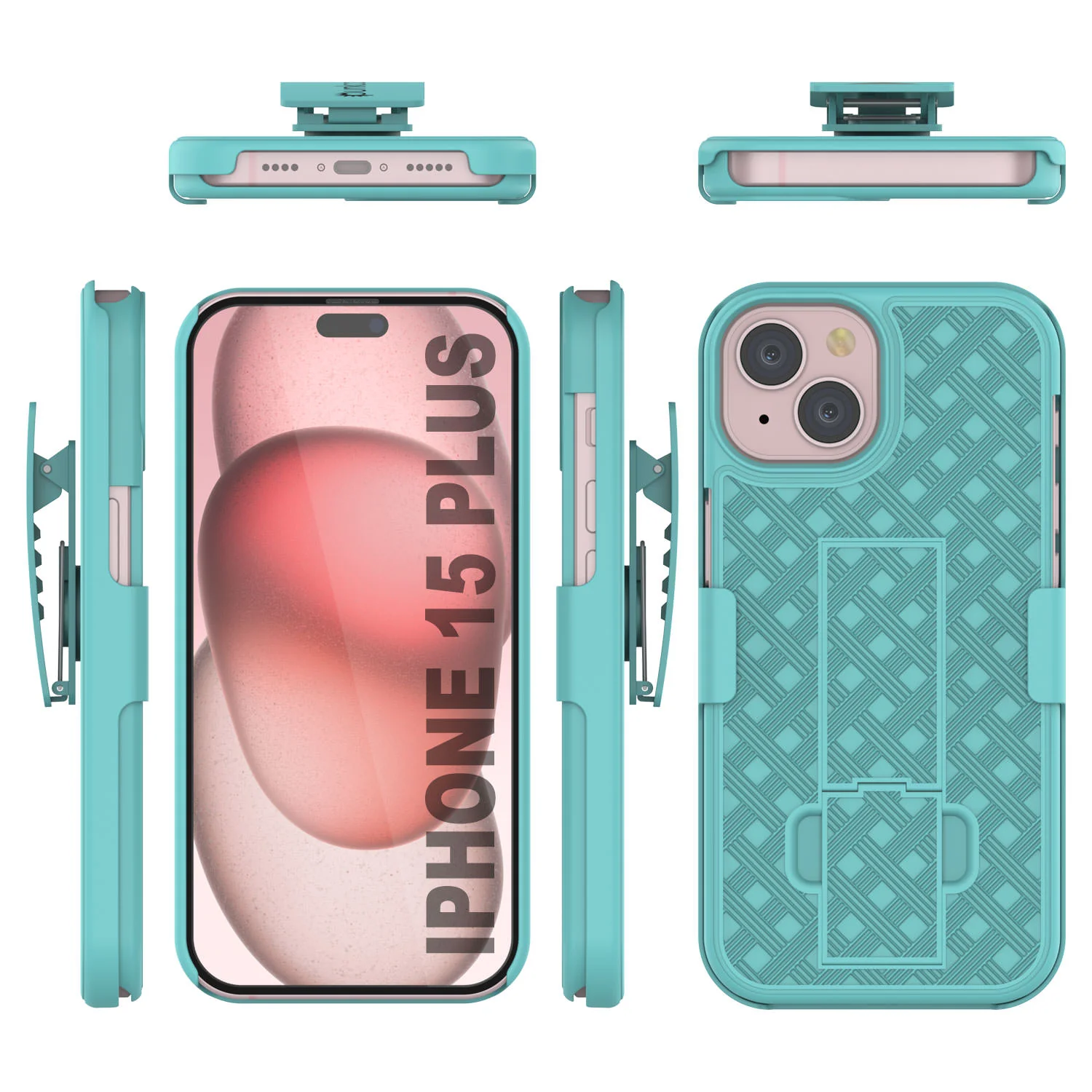 iPhone 15 Plus Case With Tempered Glass Screen Protector, Holster Belt Clip & Built-In Kickstand [Teal]