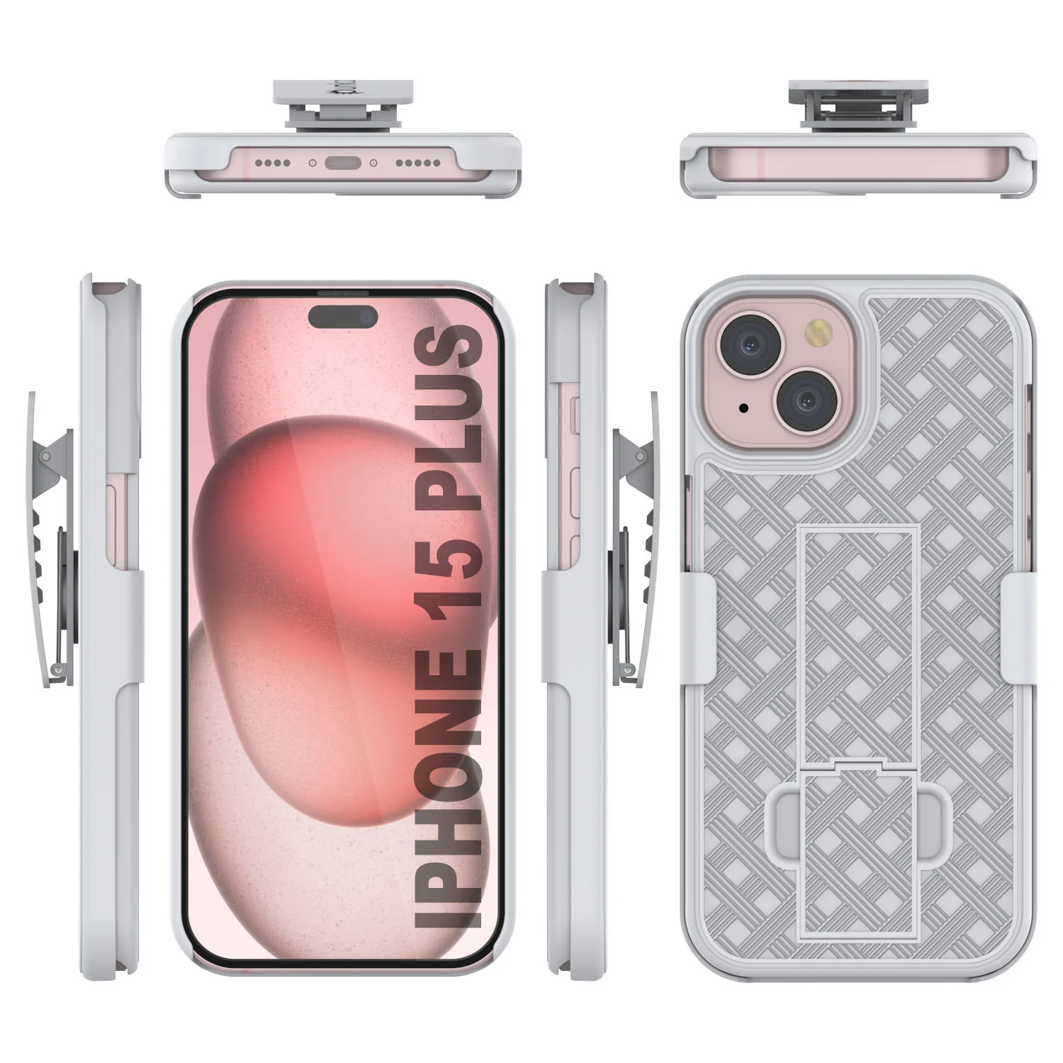 iPhone 15 Plus Case With Tempered Glass Screen Protector, Holster Belt Clip & Built-In Kickstand [White]